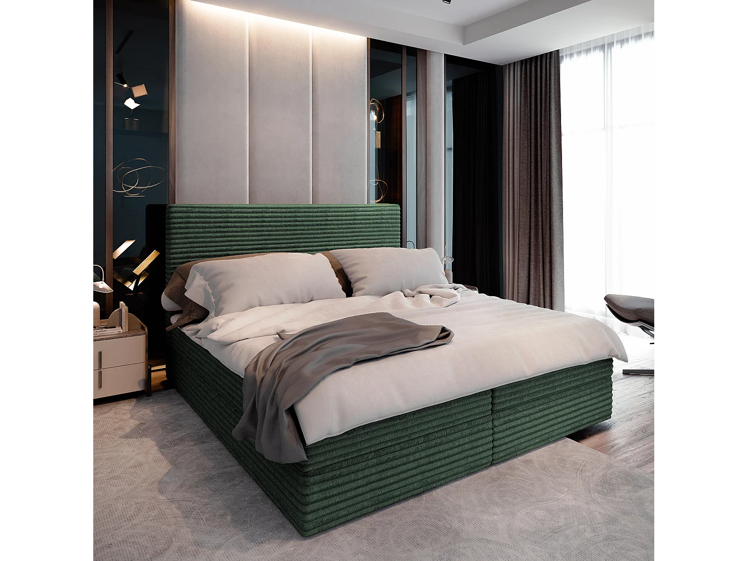 Boxspringbed PISA 160x200 cm Set met hoofdbord, bedbodem en matras, Dennengroen