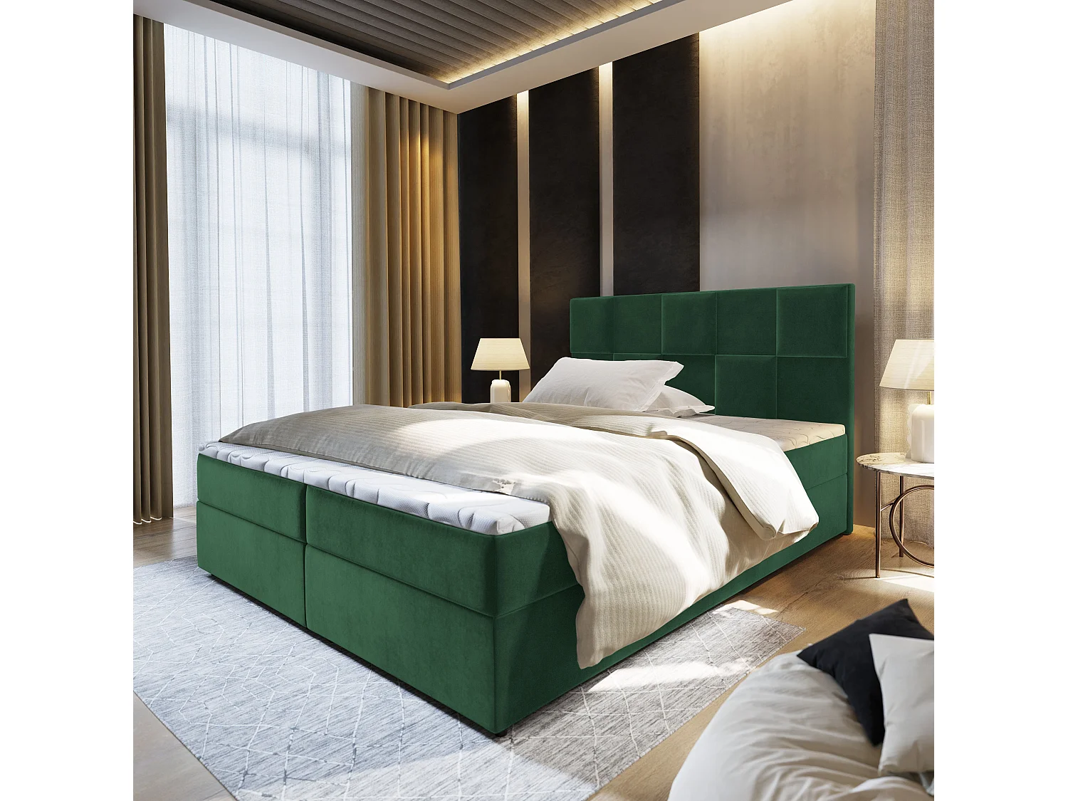 Boxspringbed PRATA 140x200 cm Set met hoofdbord, bedbodem en matras, Dennengroen