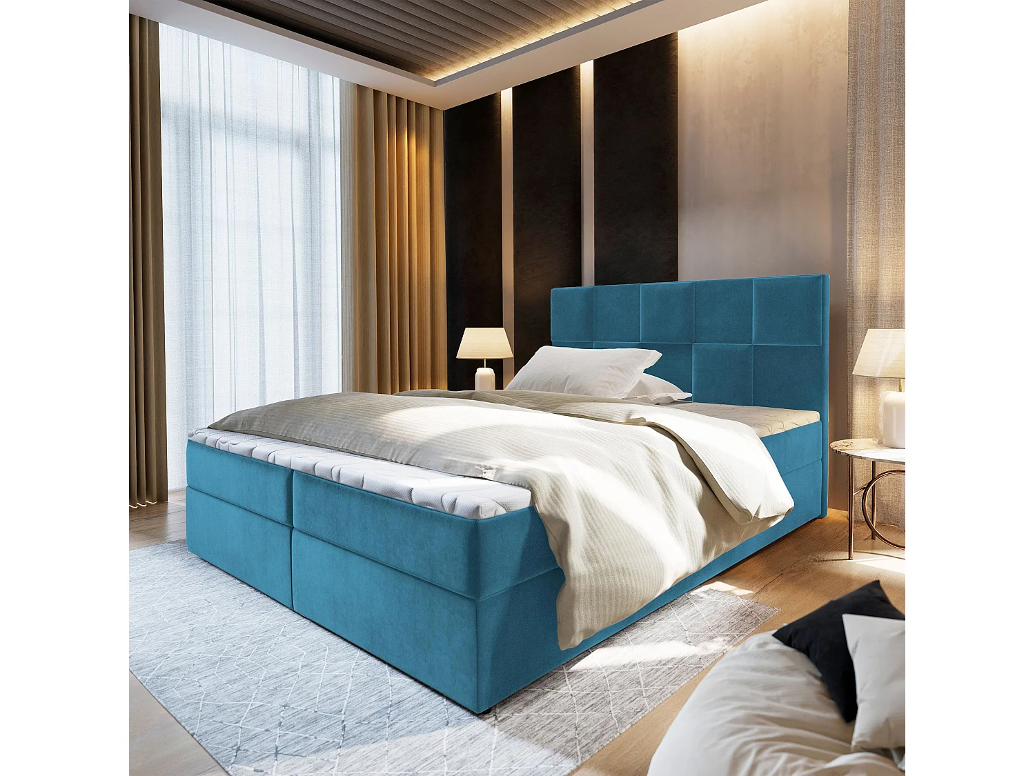 Boxspringbed PRATA 180x200 cm Set met hoofdbord, bedbodem en matras, Groenblauw