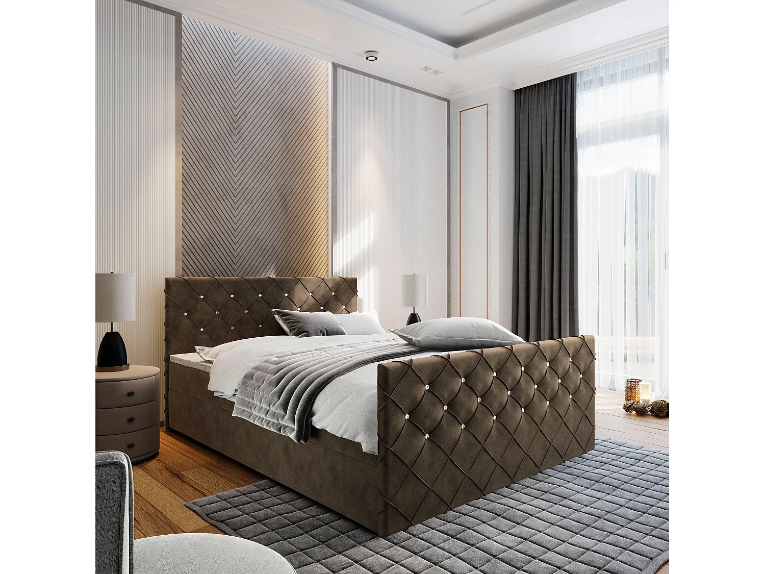 Boxspringbed MANDI 160x200 cm Set met hoofdbord, bedbodem en matras, Bruin