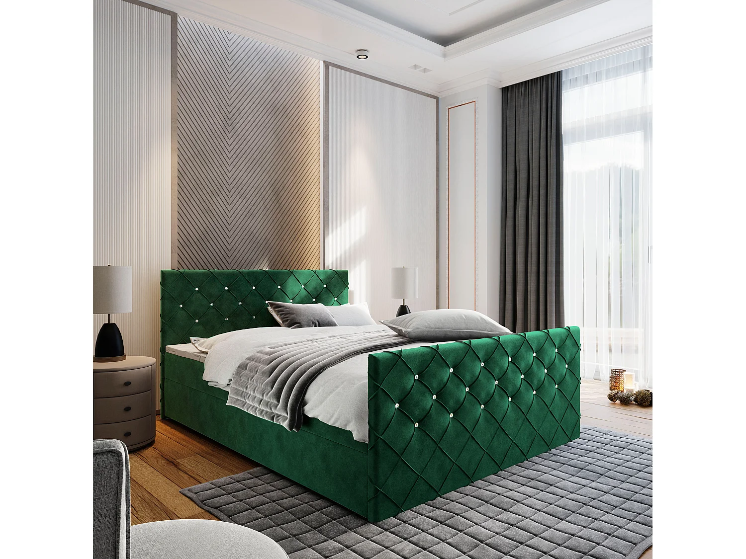 Boxspringbed MANDI 180x200 cm Set met hoofdbord, bedbodem en matras, Dennengroen