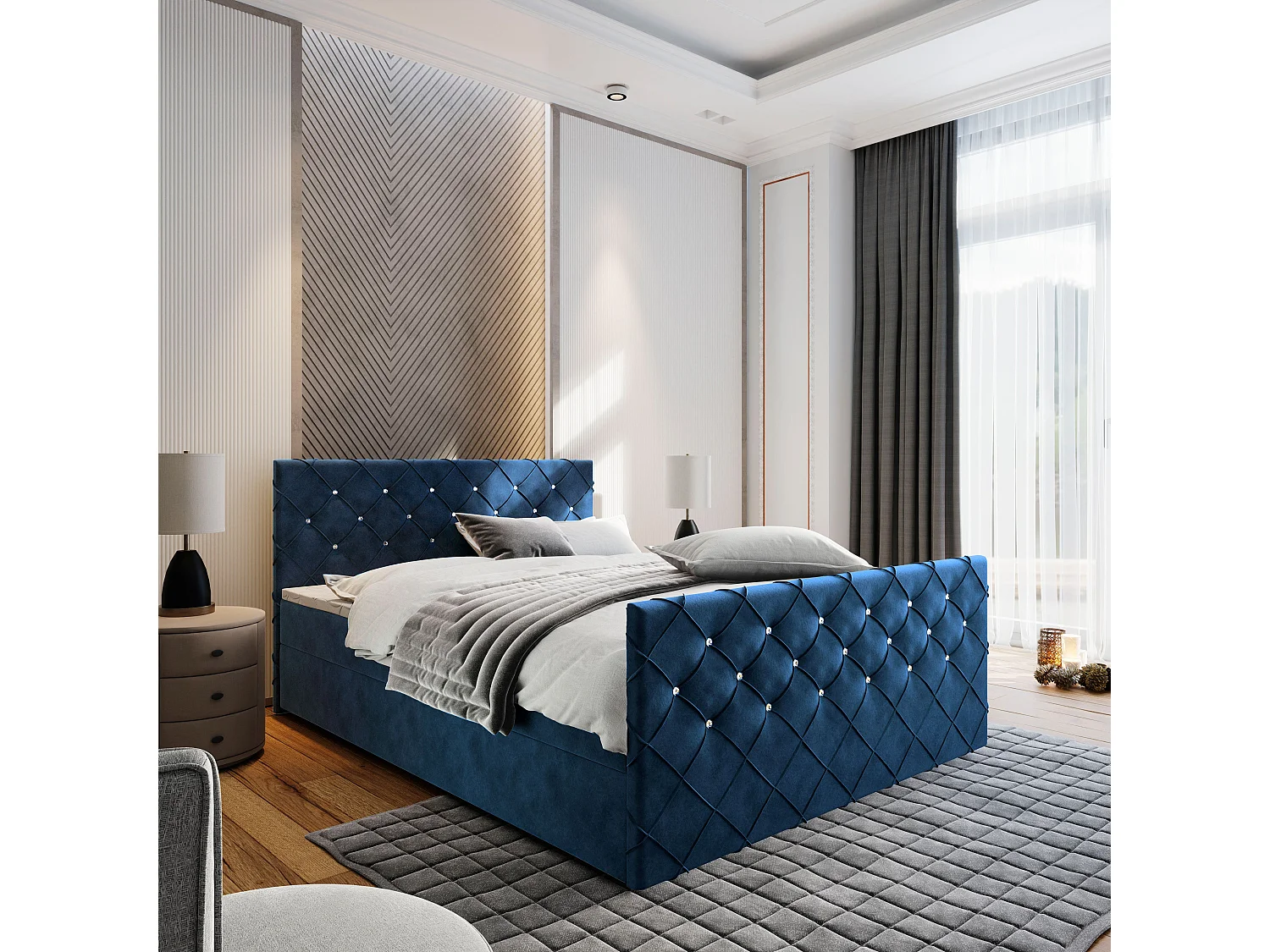 Boxspringbed MANDI 140x200 cm Set met hoofdbord, bedbodem en matras, Blauw