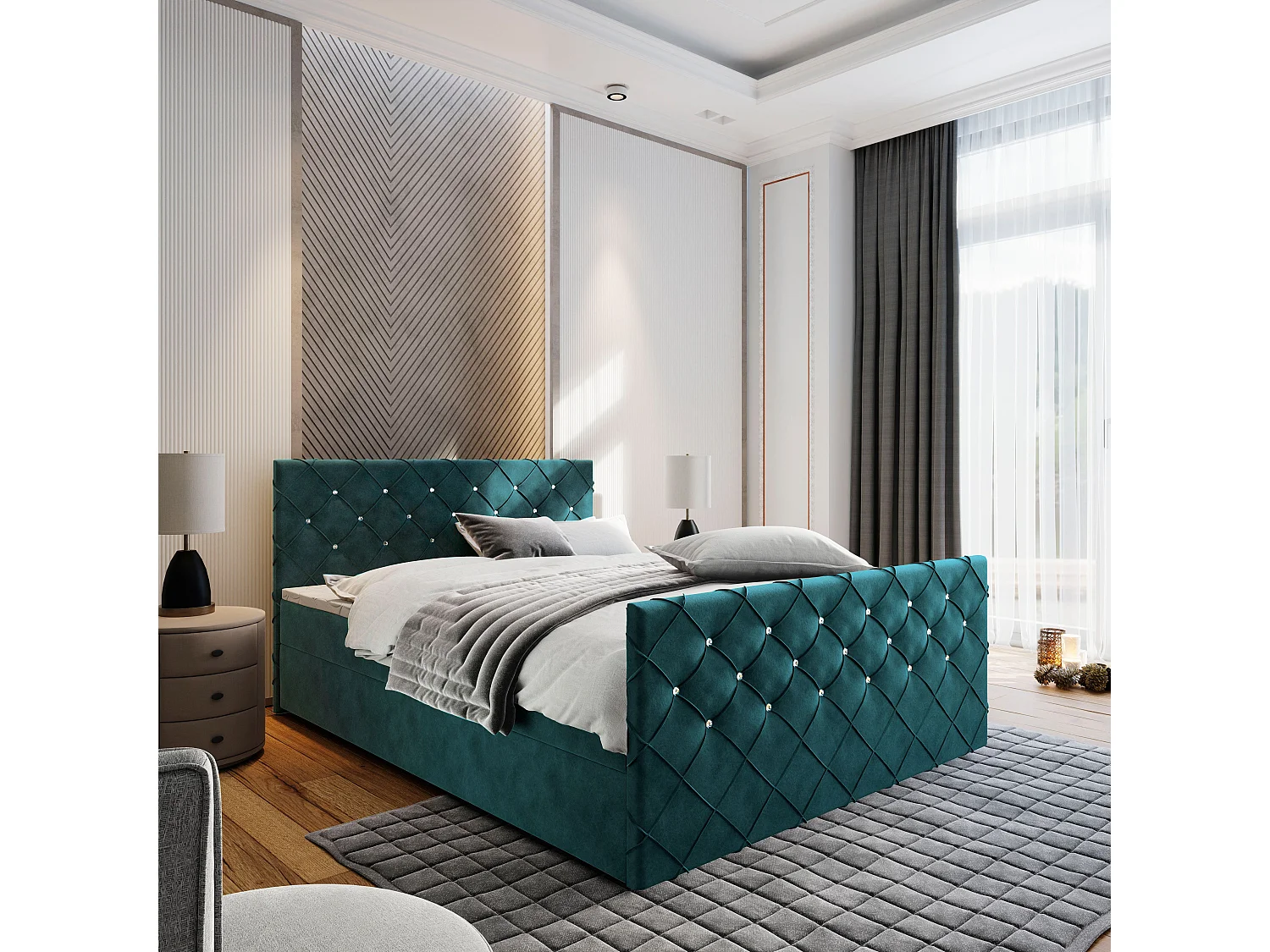 Boxspringbed MANDI 140x200 cm Set met hoofdbord, bedbodem en matras, Groenblauw