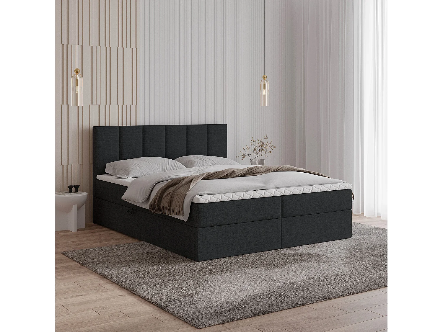Boxspringbed MERIL 180x200 cm Set met hoofdbord, bedbodem en matras, Zwart