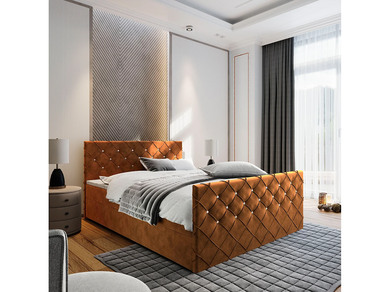 Boxspringbed MANDI 140x200 cm Set met hoofdbord, bedbodem en matras, Koperkleurig