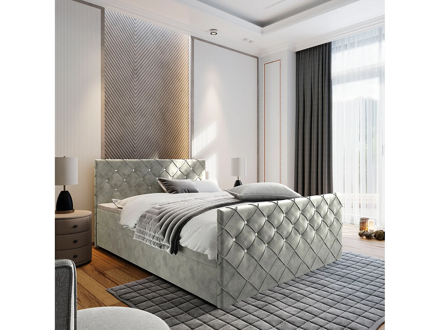 Boxspringbed MANDI 140x200 cm Set met hoofdbord, bedbodem en matras, Lichtgrijs