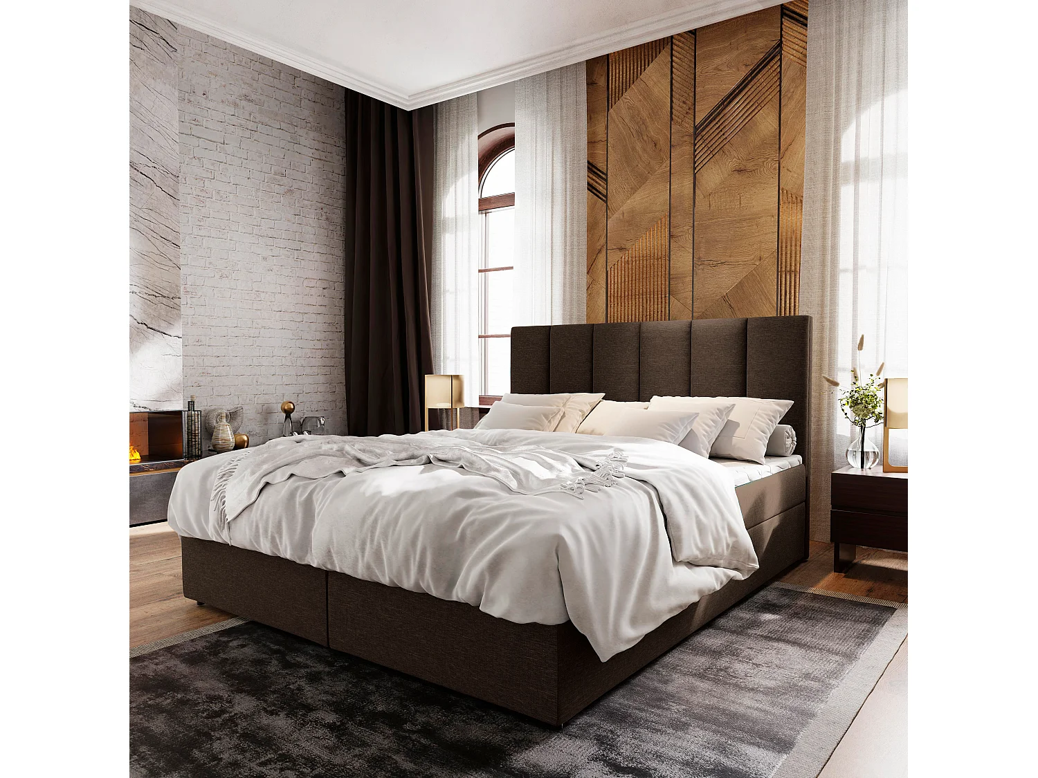 Boxspringbed MERIL 140x200 cm Set met hoofdbord, bedbodem en matras, Donkerbruin