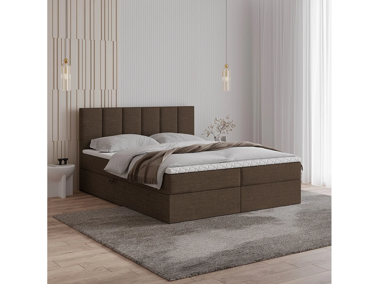 Boxspringbed MERIL 140x200 cm Set met hoofdbord, bedbodem en matras, Donkerbruin
