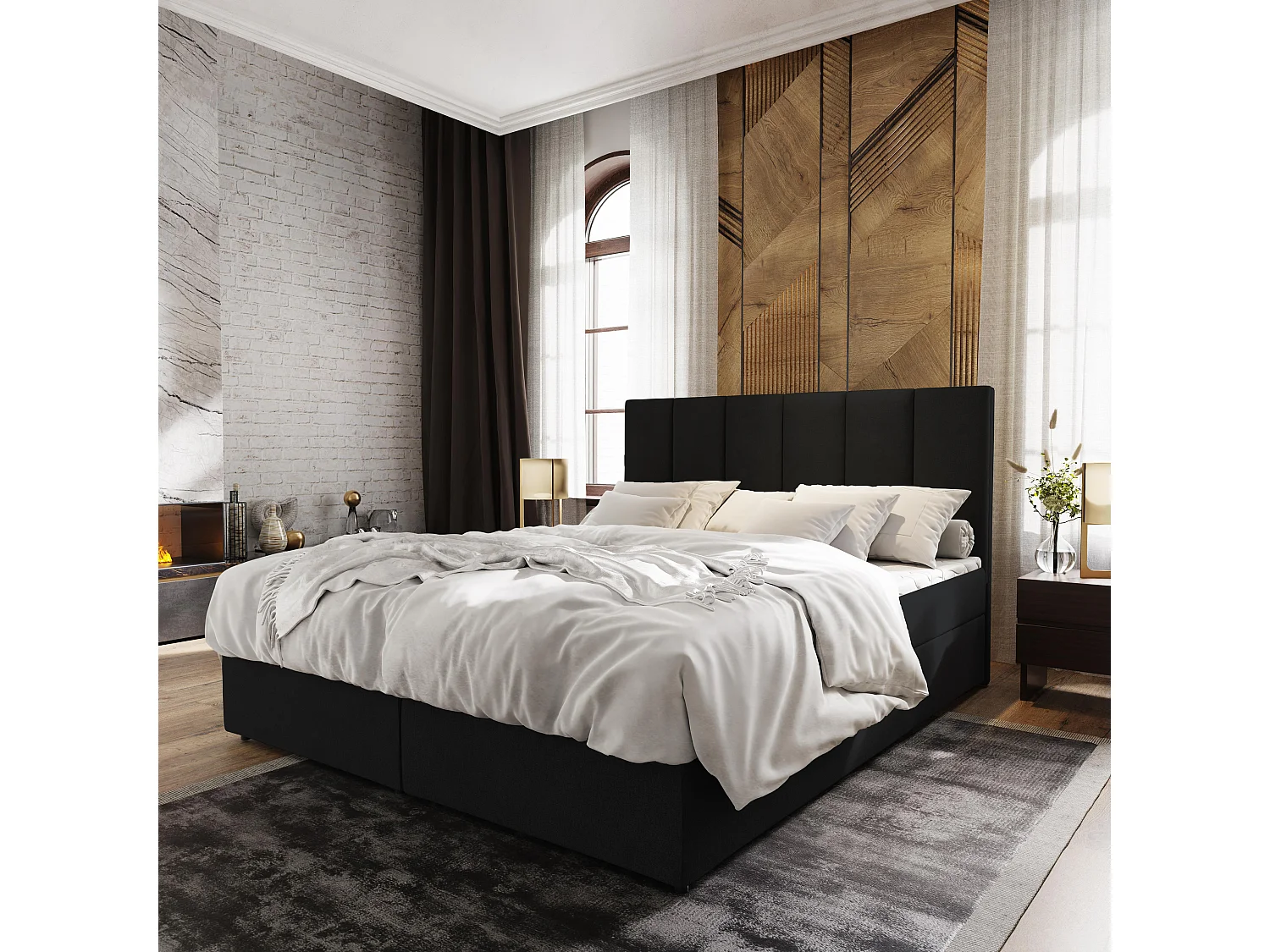 Boxspringbed MERIL 140x200 cm Set met hoofdbord, bedbodem en matras, Zwart