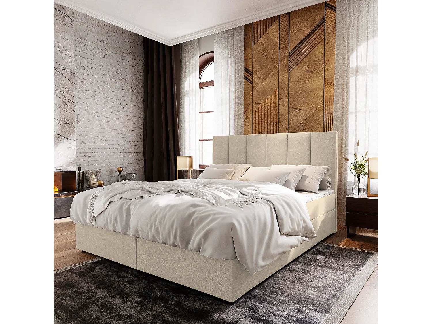 Boxspringbed MERIL 160x200 cm Set met hoofdbord, bedbodem en matras, Beige