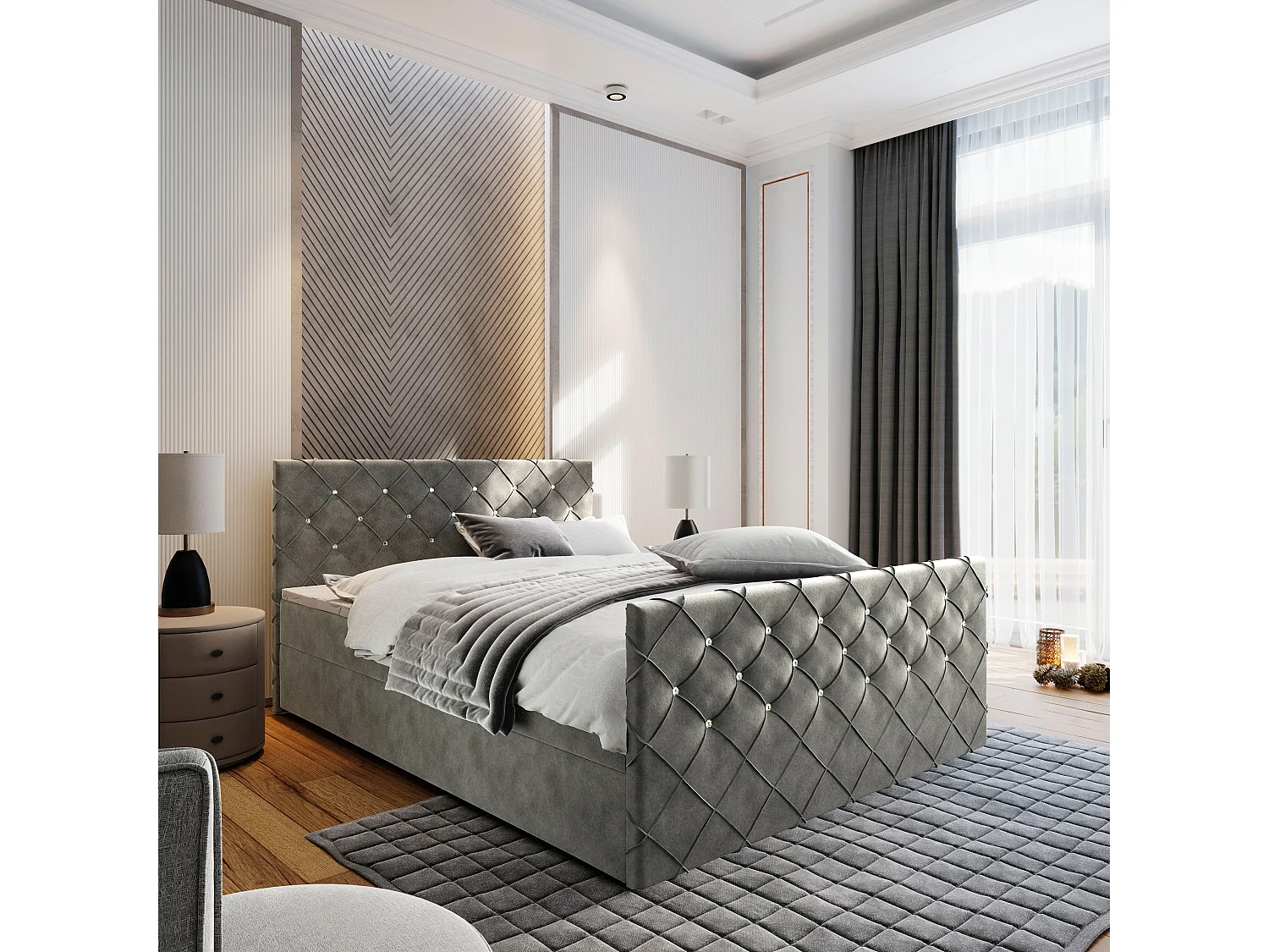 Boxspringbed MANDI 180x200 cm Set met hoofdbord, bedbodem en matras, Grijs