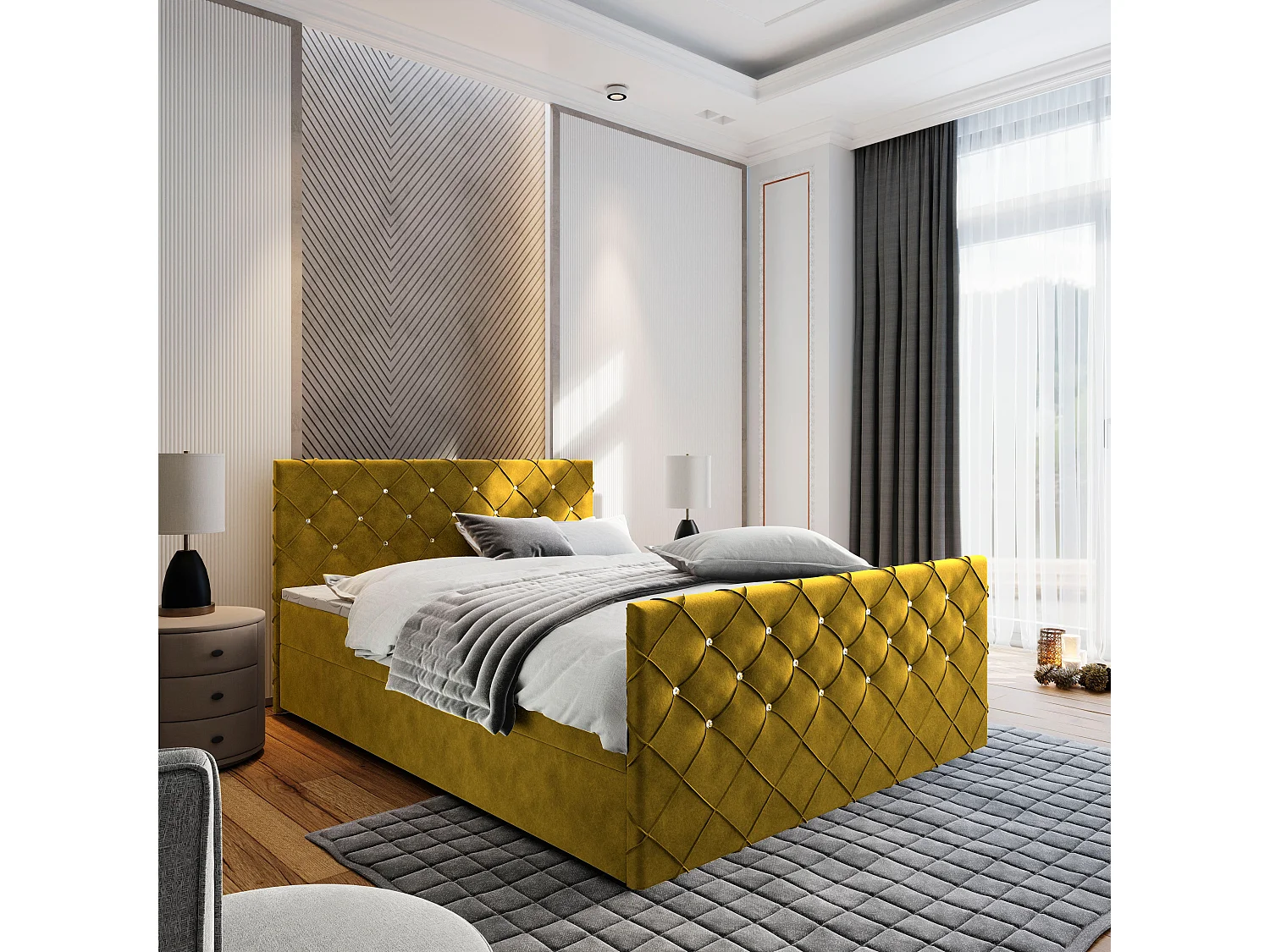 Boxspringbed MANDI 140x200 cm Set met hoofdbord, bedbodem en matras, Geel