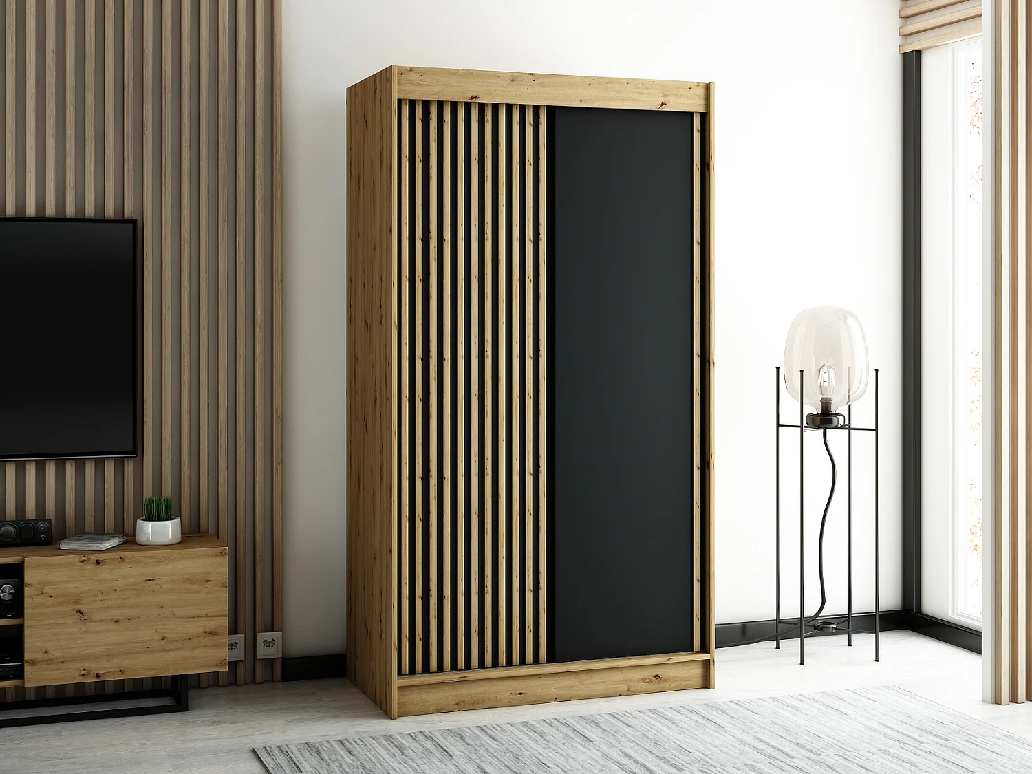 ARMOIRE LAMELO À PORTES COULISSANTES 200/120/62 2 Portes (Artisan/Noir/Artisan)