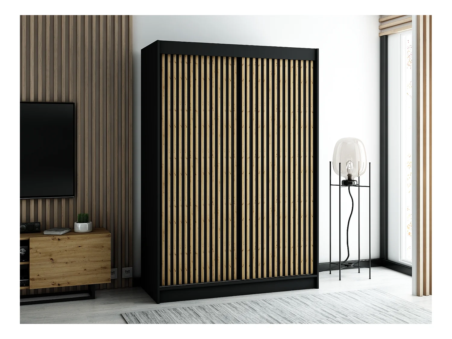 LAMELO 1 KLEDINGKAST MET SCHUIFDEUREN 200/150/62 2 deuren (zwart/zwart/artisan)