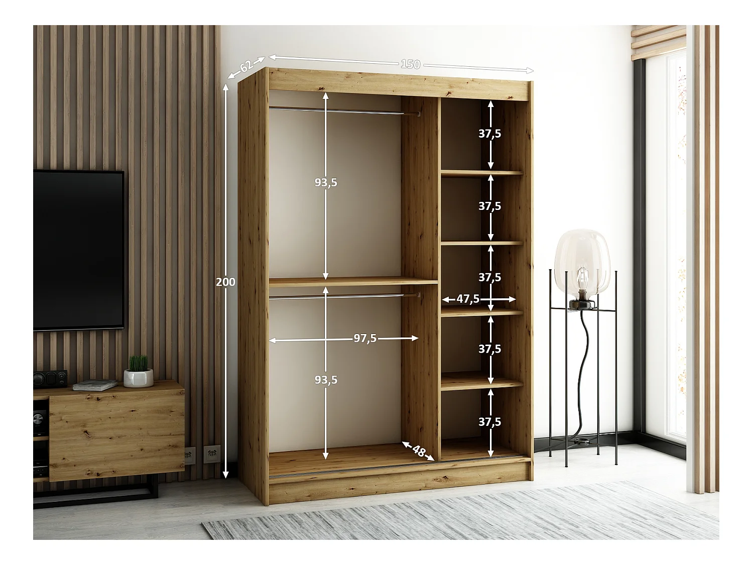 LAMELO 1 KLEDINGKAST MET SCHUIFDEUREN 200/150/62 2 deuren (zwart/zwart/artisan)