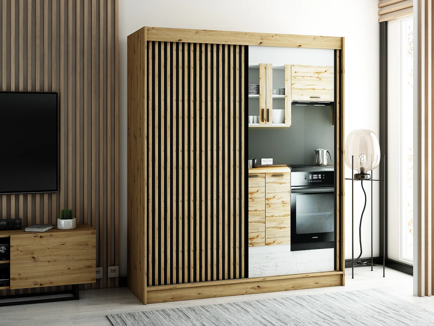 SCHWEBETÜRENSCHRANK LAMELO 2 200/180/62 2-türig (Artisan/Schwarz/Artisan)