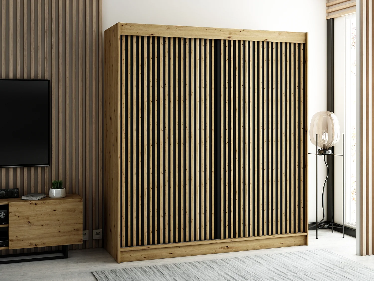 ARMOIRE LAMELO 1 À PORTES COULISSANTES 200/200/62 2 Portes (Artisan/Noir/Artisan)