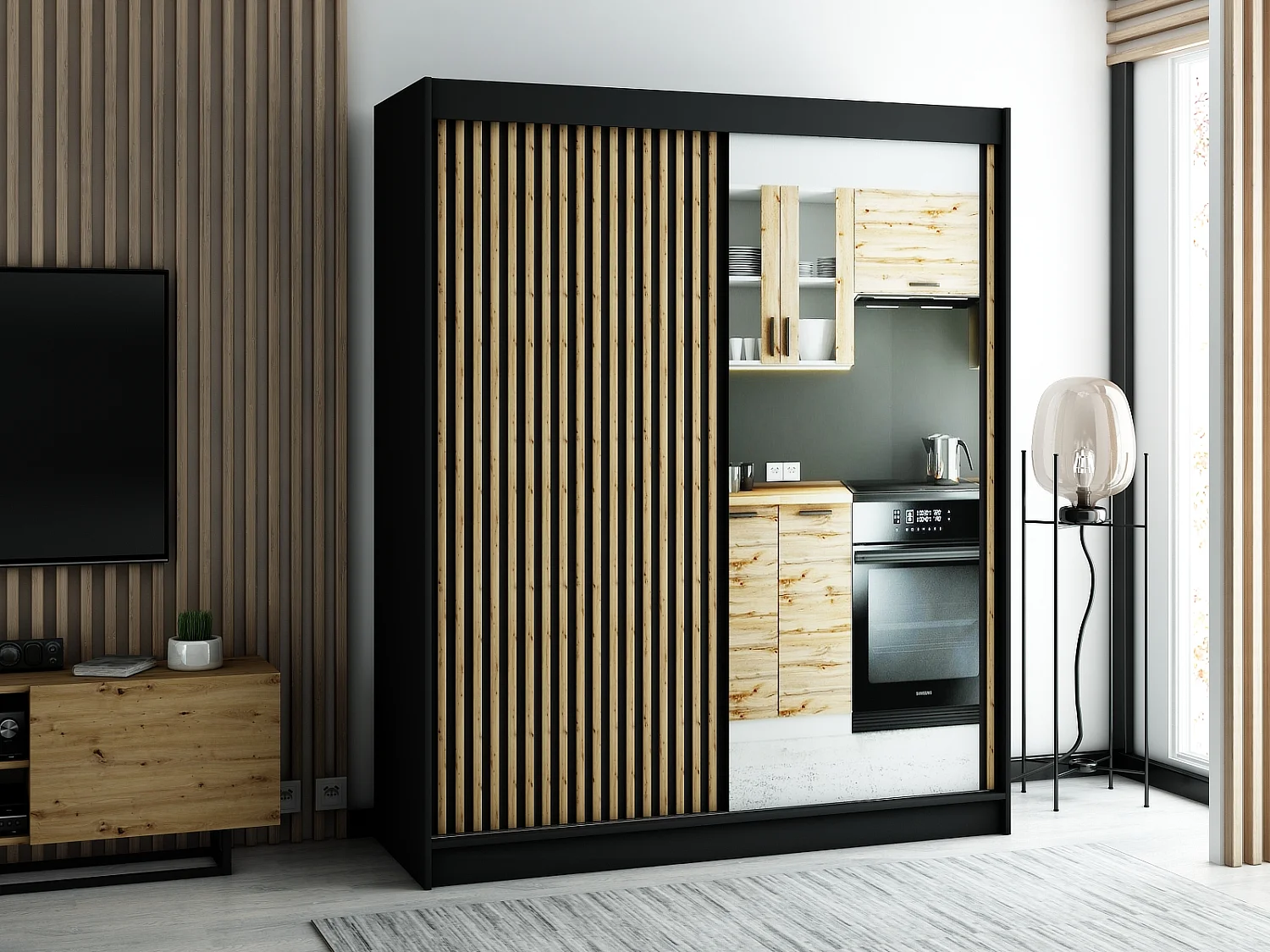 ARMOIRE LAMELO 2 À PORTES COULISSANTES 200/180/62 2 Portes (Noir/Noir/Artisan)