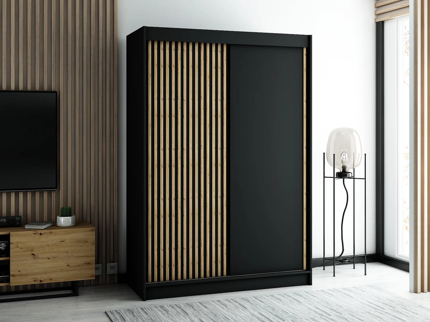 ARMOIRE LAMELO À PORTES COULISSANTES 200/150/62 2 Portes (Noir/Noir/Artisan)