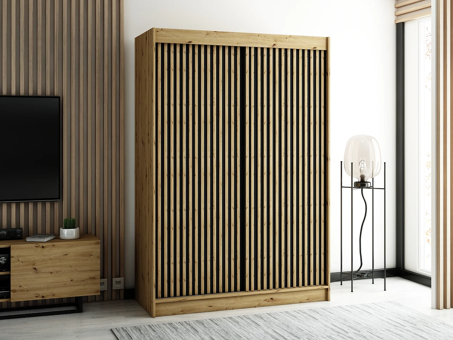 ARMOIRE LAMELO 1 À PORTES COULISSANTES 200/150/62 2 Portes (Artisan/Noir/Artisan)