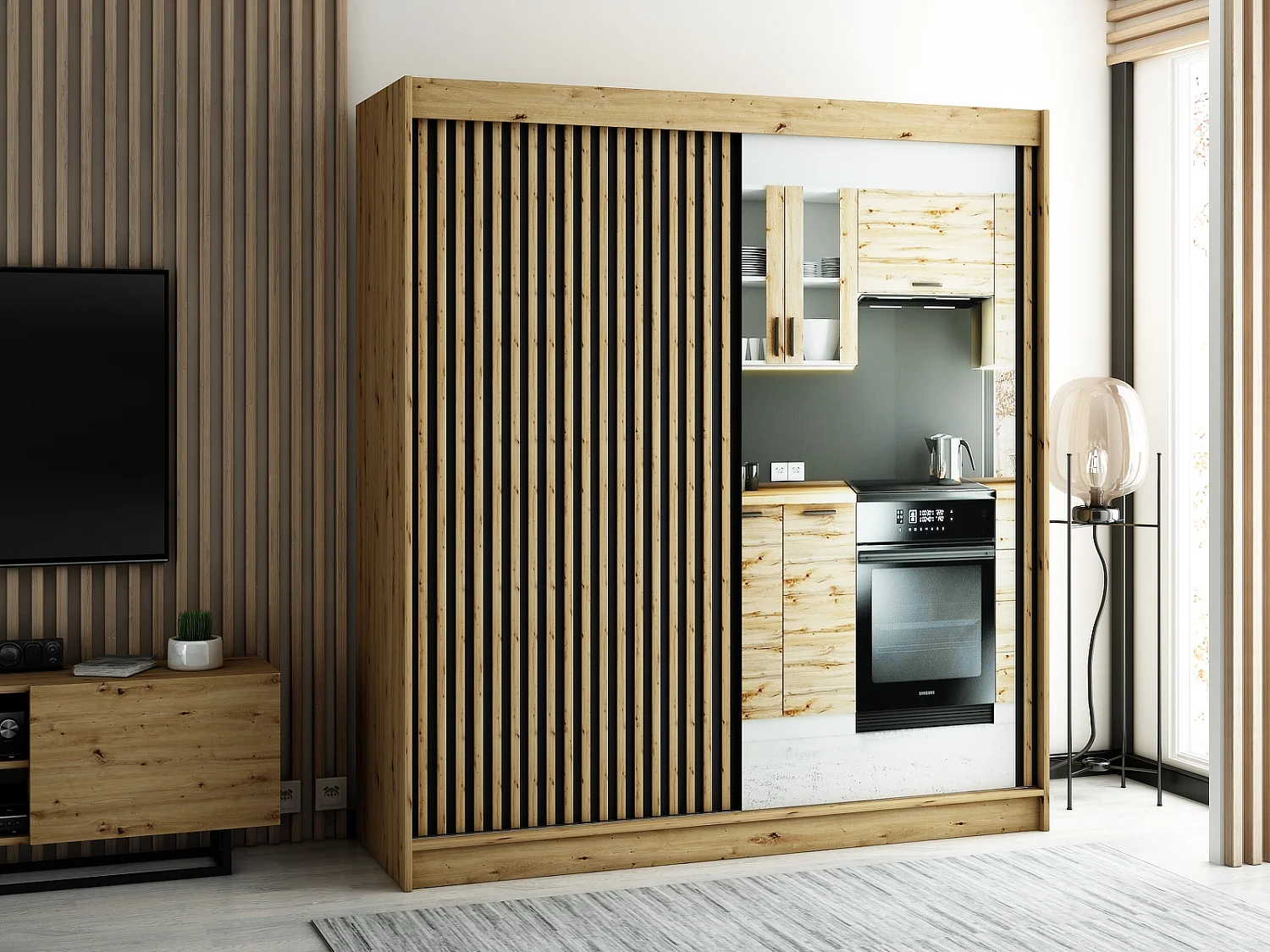 SCHWEBETÜRENSCHRANK LAMELO 2 200/200/62 2-türig (Artisan/Schwarz/Artisan)