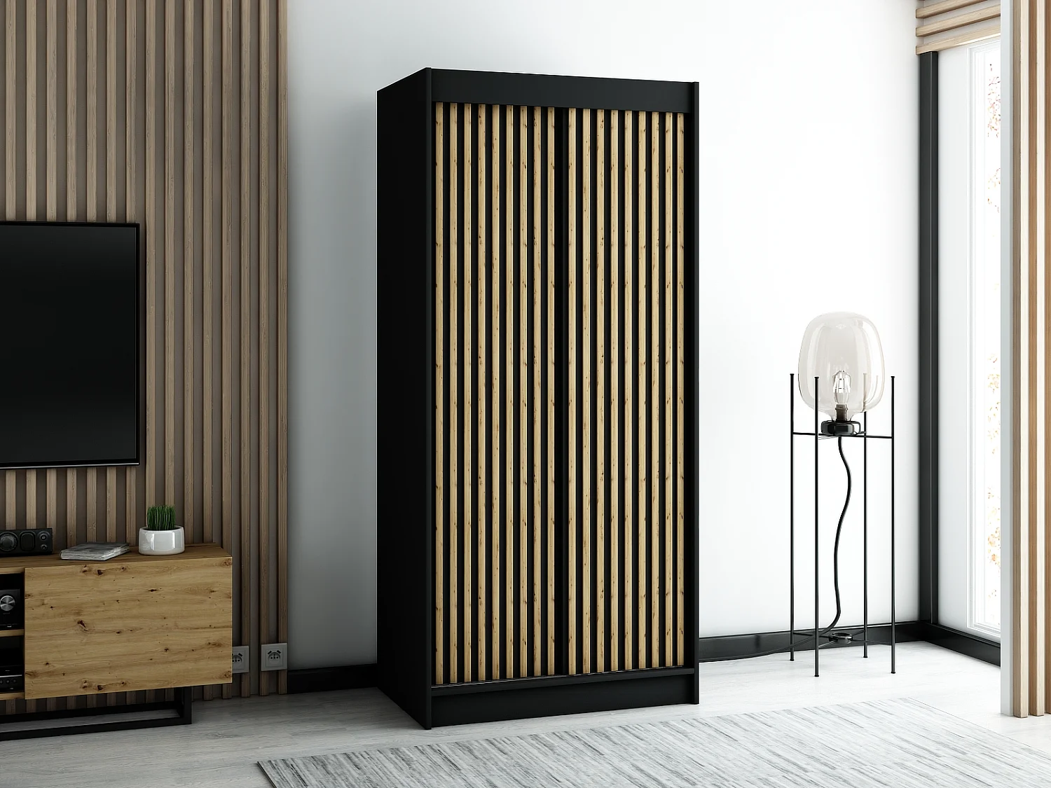 ARMOIRE LAMELO 1 À PORTES COULISSANTES 200/100/62 2 Portes (Noir/Noir/Artisan)