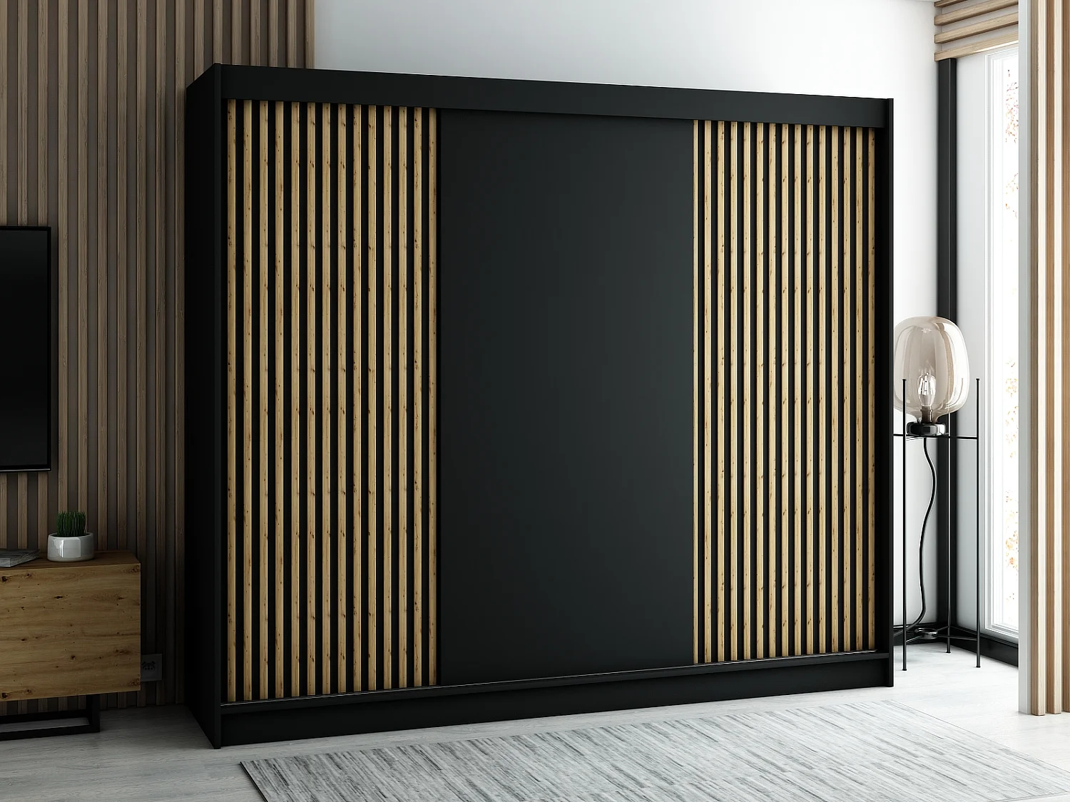 SCHWEBETÜRENSCHRANK LAMELO 200/250/62 3-türig (Schwarz/Schwarz/Artisan)