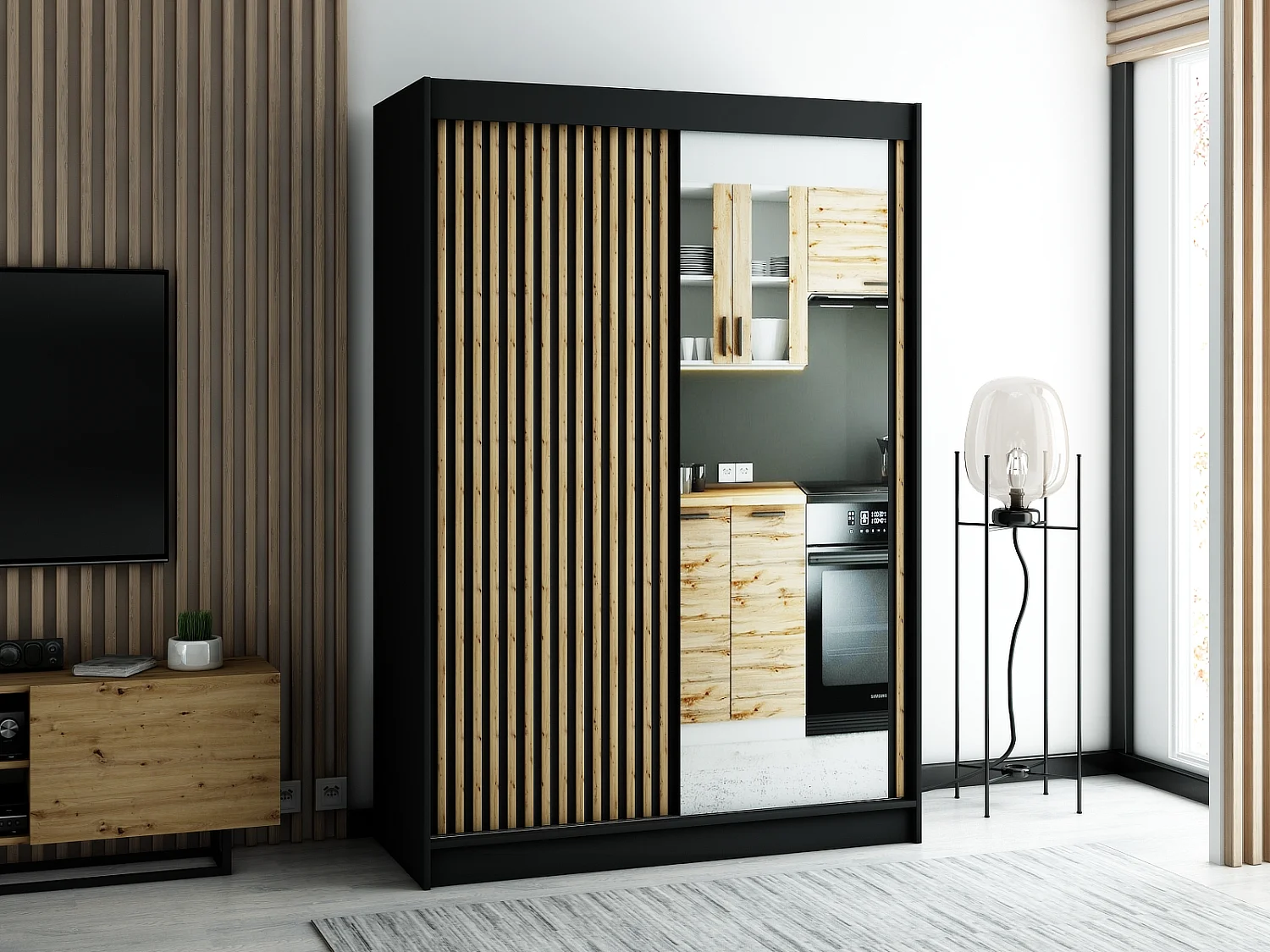 SCHWEBETÜRENSCHRANK LAMELO 2 200/150/62 2-türig (Schwarz/Schwarz/Artisan)