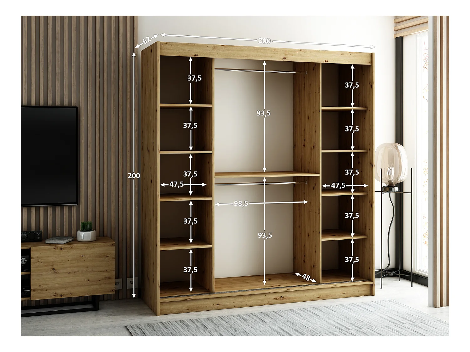 ARMOIRE LAMELO À PORTES COULISSANTES 200/200/62 2 Portes (Noir/Noir/Artisan)