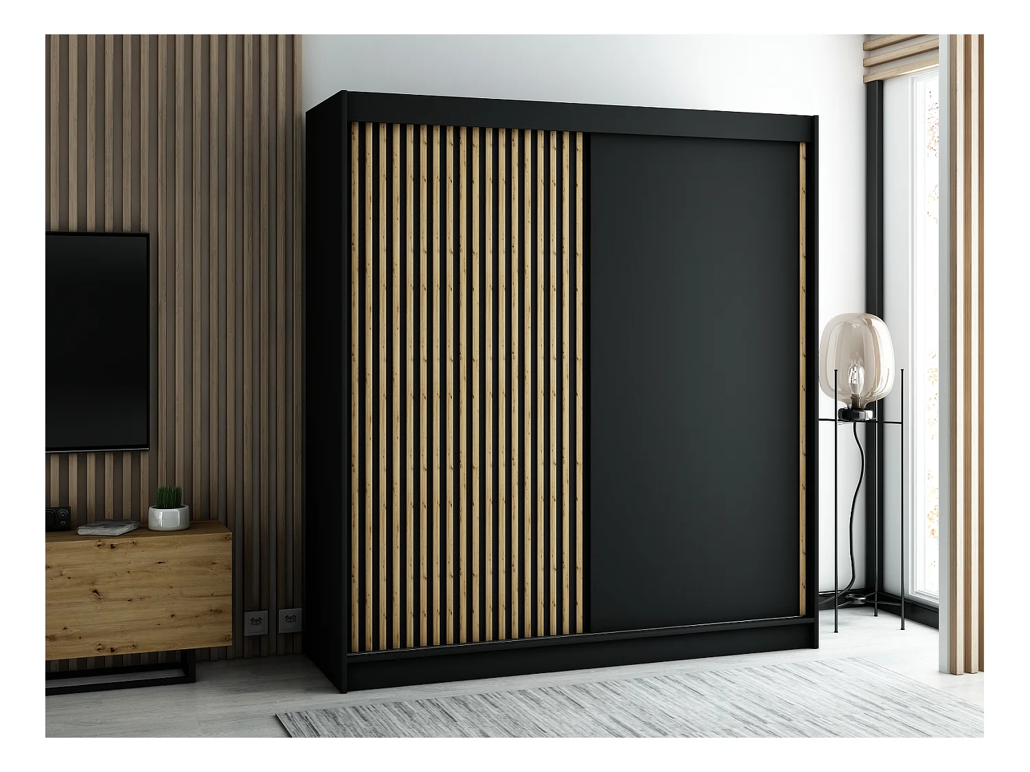 ARMOIRE LAMELO À PORTES COULISSANTES 200/200/62 2 Portes (Noir/Noir/Artisan)