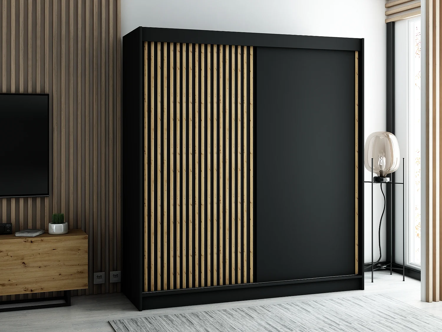 ARMOIRE LAMELO À PORTES COULISSANTES 200/200/62 2 Portes (Noir/Noir/Artisan)