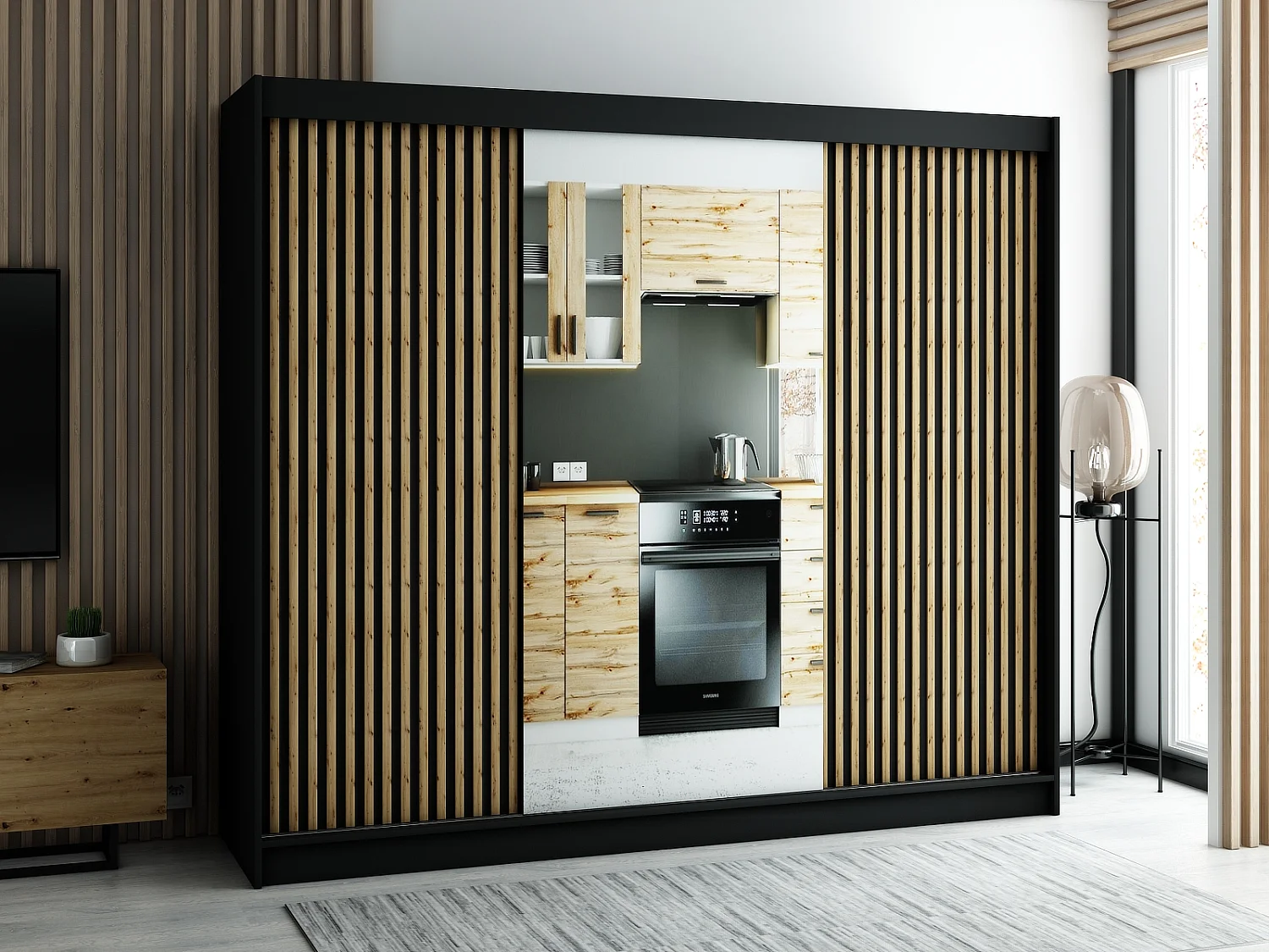 ARMOIRE LAMELO 2 À PORTES COULISSANTES 200/250/62 3 Portes (Noir/Noir/Artisan)