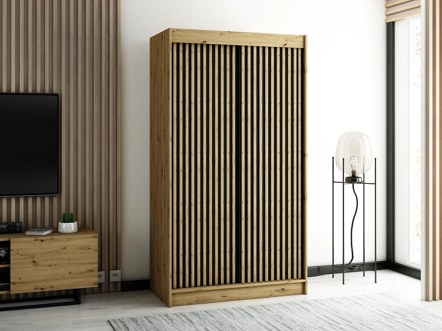 ARMOIRE LAMELO 1 À PORTES COULISSANTES 200/120/62 2 Portes (Artisan/Noir/Artisan)