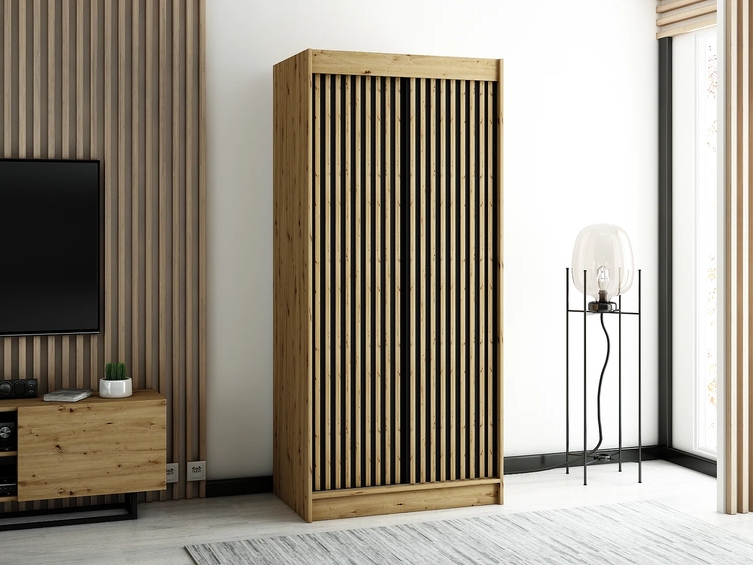 ARMOIRE LAMELO 1 À PORTES COULISSANTES 200/100/62 2 Portes (Artisan/Noir/Artisan)