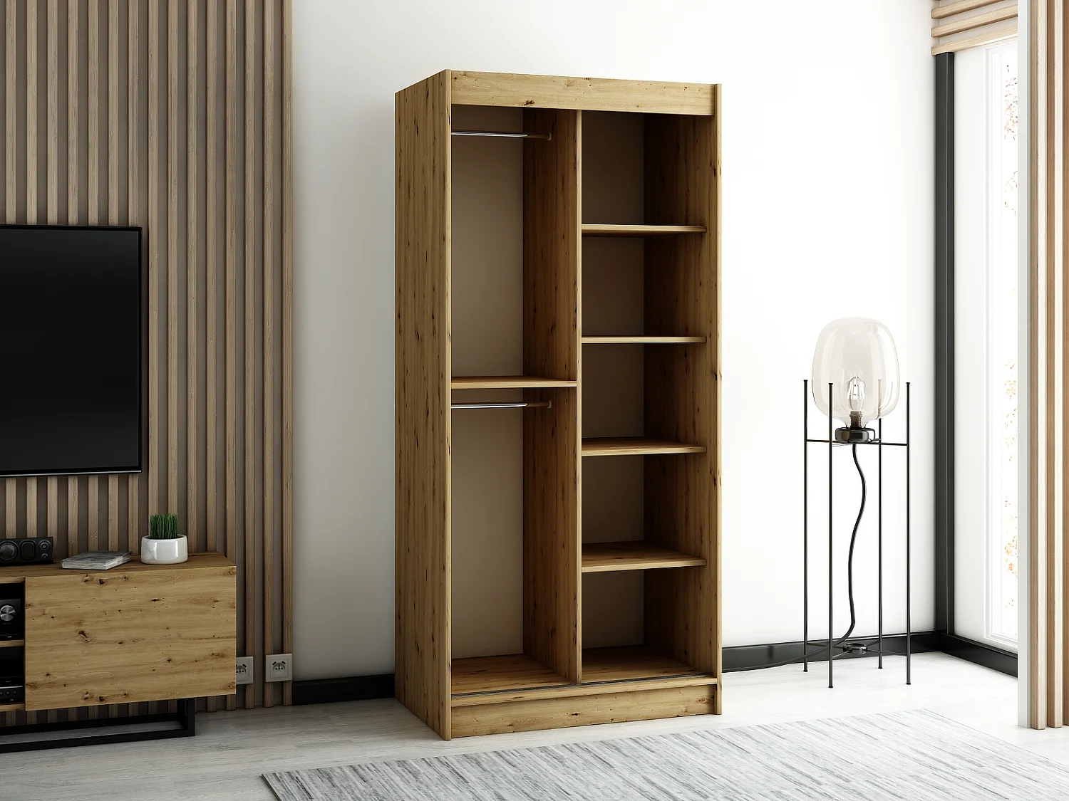 ARMOIRE LAMELO 1 À PORTES COULISSANTES 200/100/62 2 Portes (Artisan/Noir/Artisan)