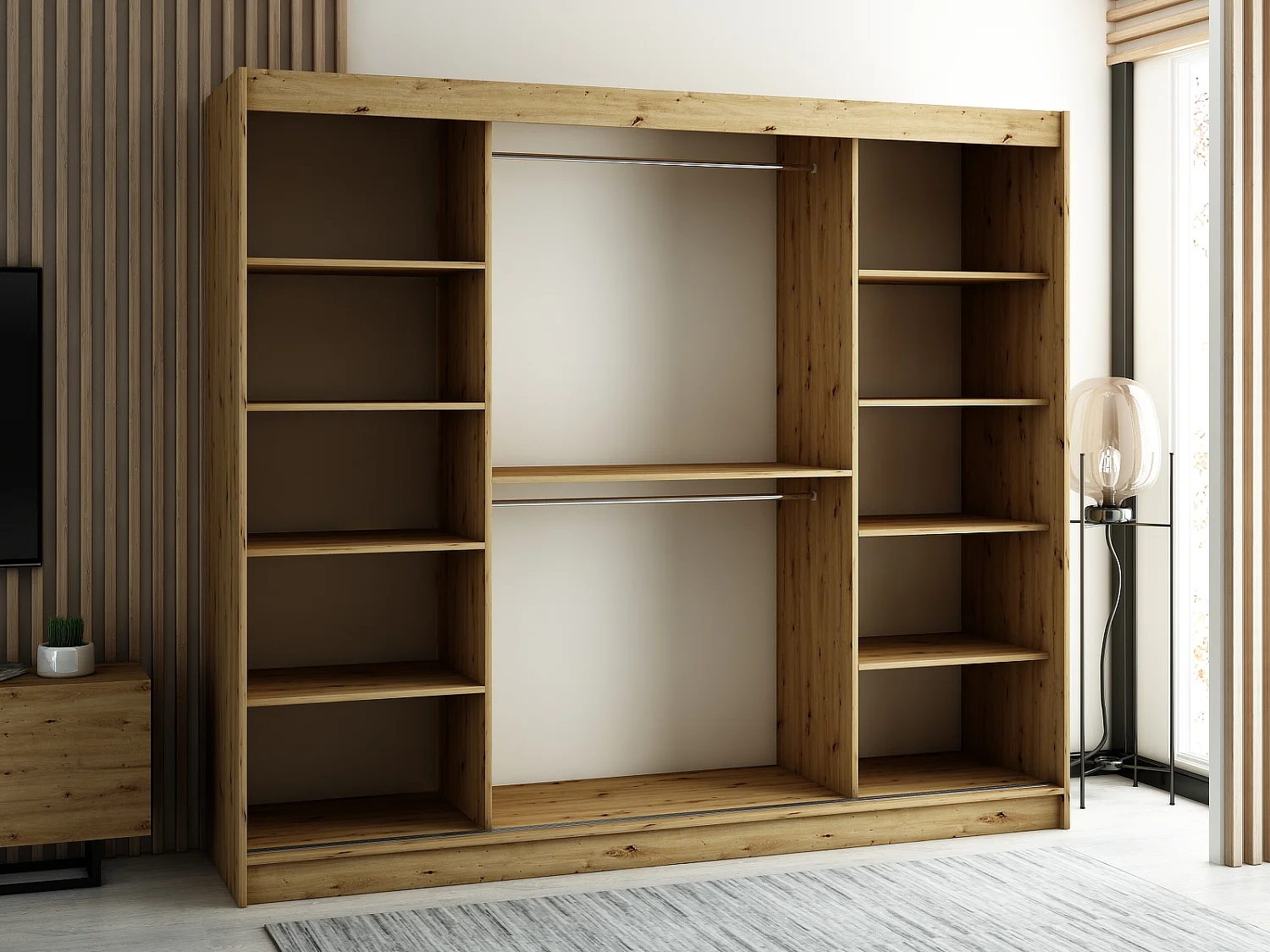 ARMOIRE LAMELO 1 À PORTES COULISSANTES 200/250/62 3 Portes (Artisan/Noir/Artisan)