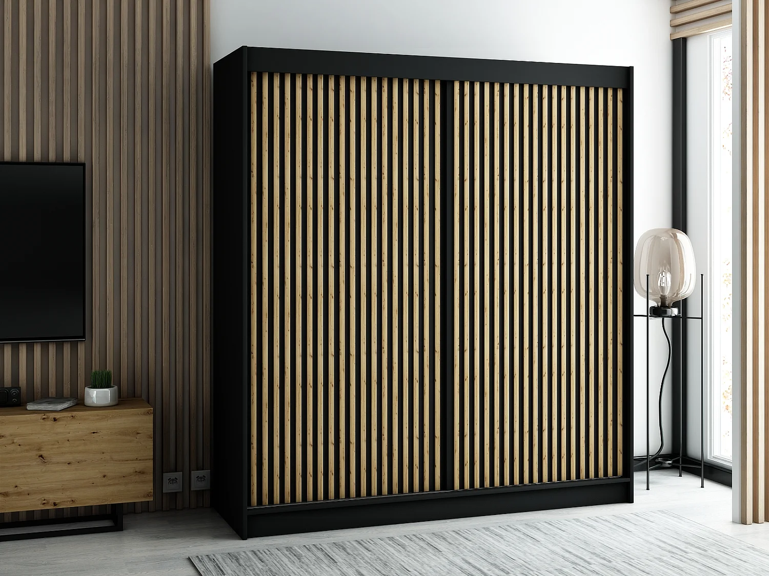 ARMOIRE LAMELO 1 À PORTES COULISSANTES 200/200/62 2 Portes (Noir/Noir/Artisan)