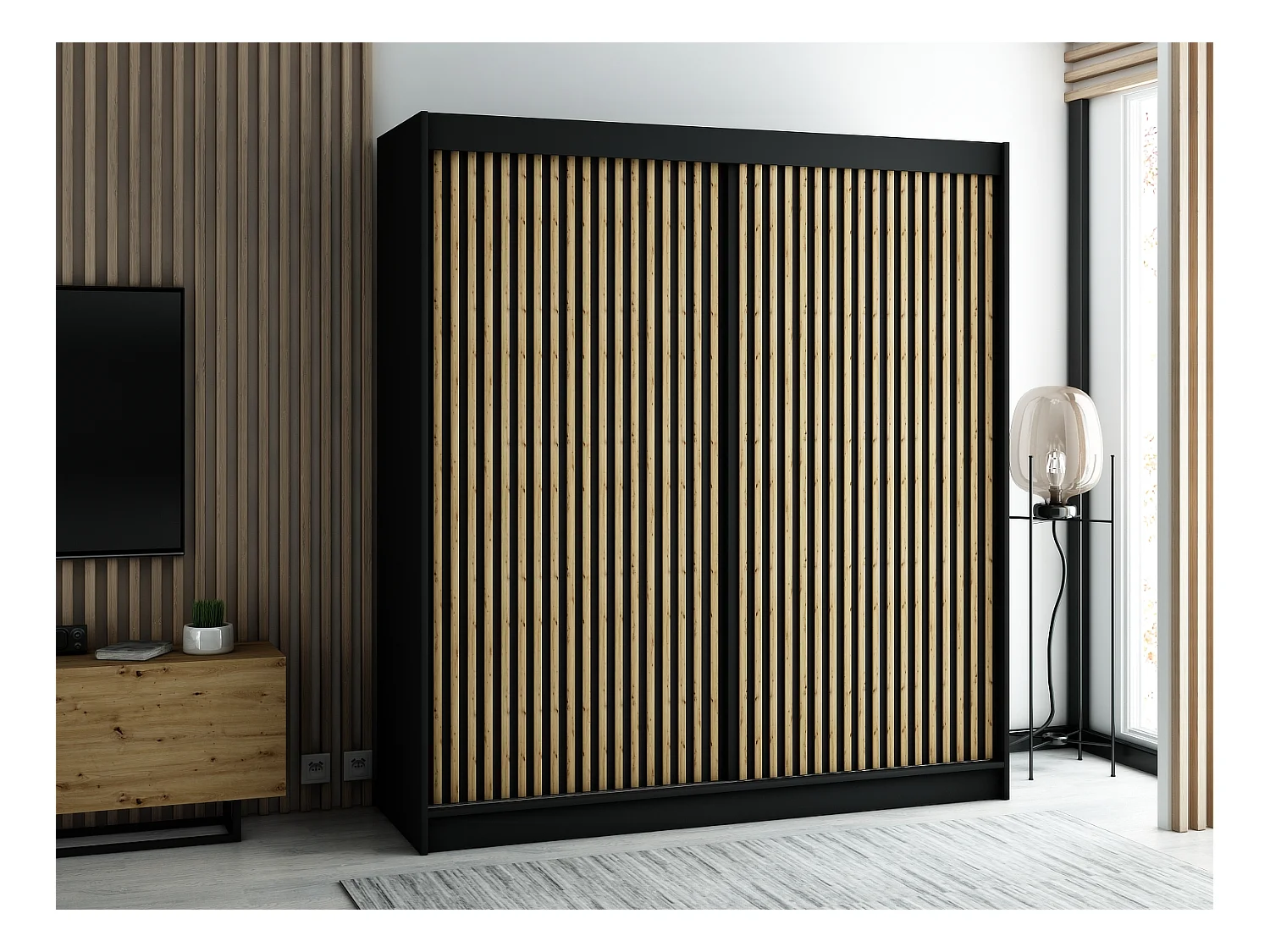 ARMOIRE LAMELO 1 À PORTES COULISSANTES 200/200/62 2 Portes (Noir/Noir/Artisan)