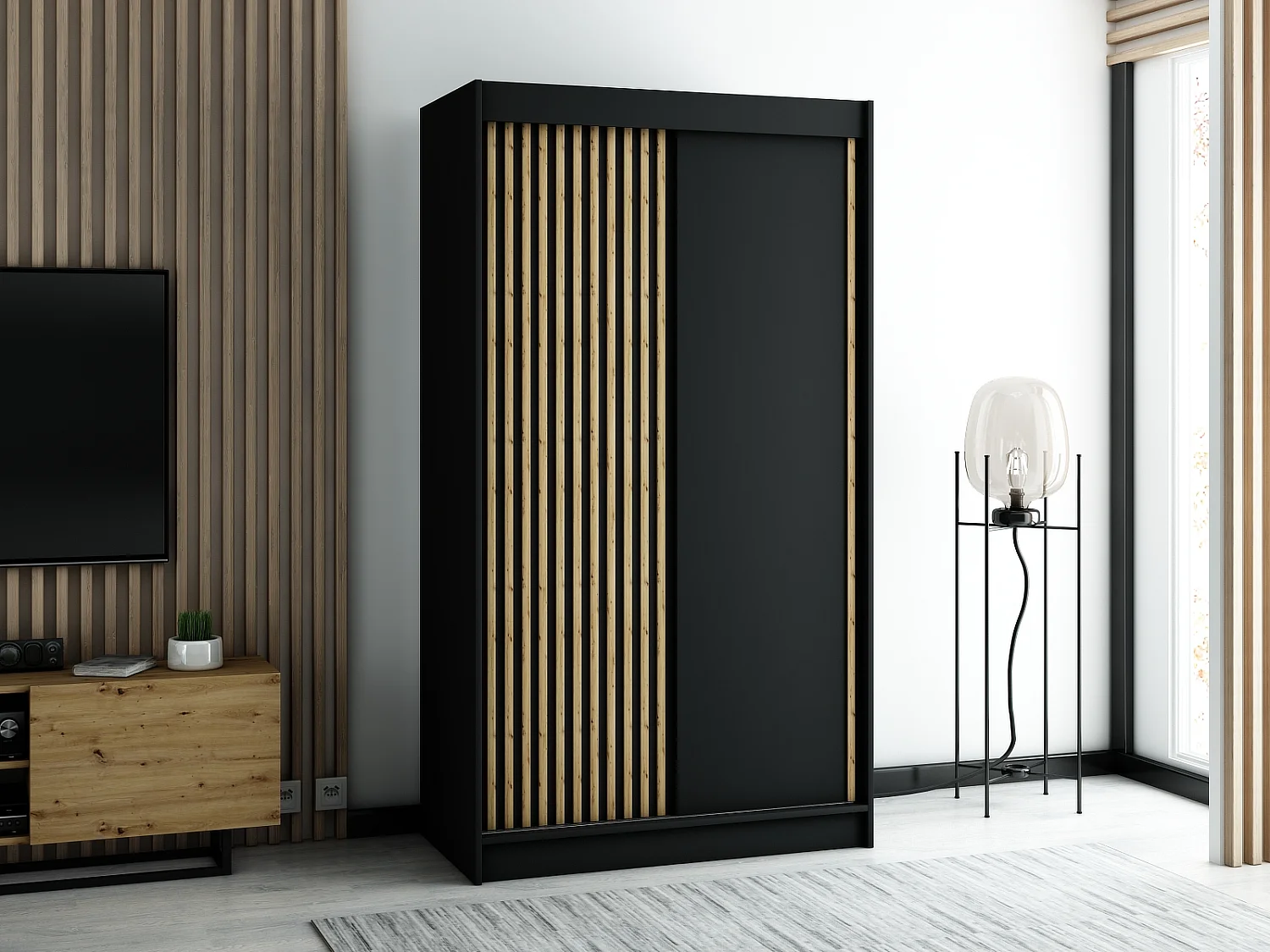 ARMOIRE LAMELO À PORTES COULISSANTES 200/120/62 2 Portes (Noir/Noir/Artisan)