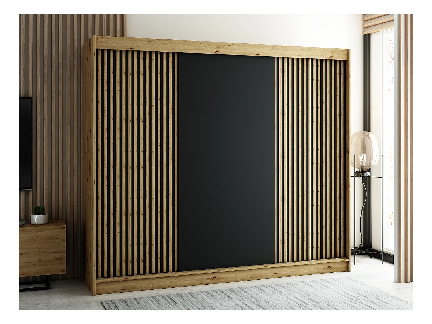 ARMOIRE LAMELO À PORTES COULISSANTES 200/250/62 3 Portes (Artisan/Noir/Artisan)
