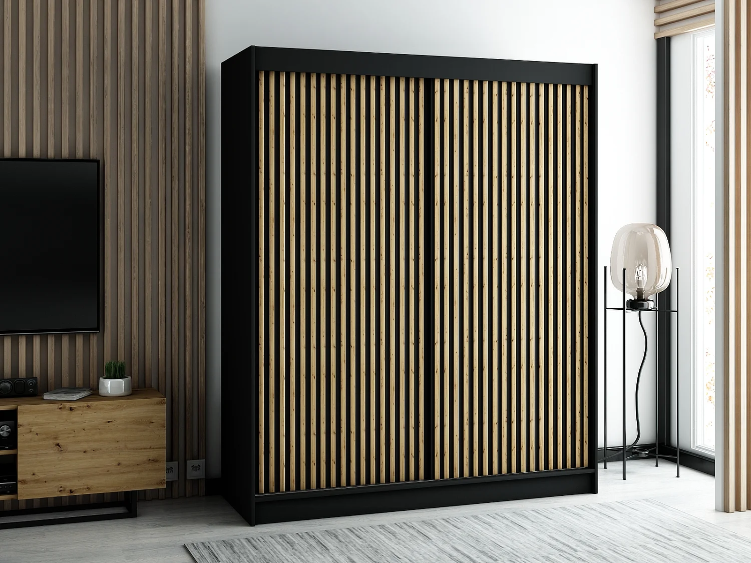 ARMOIRE LAMELO 1 À PORTES COULISSANTES 200/180/62 2 Portes (Noir/Noir/Artisan)