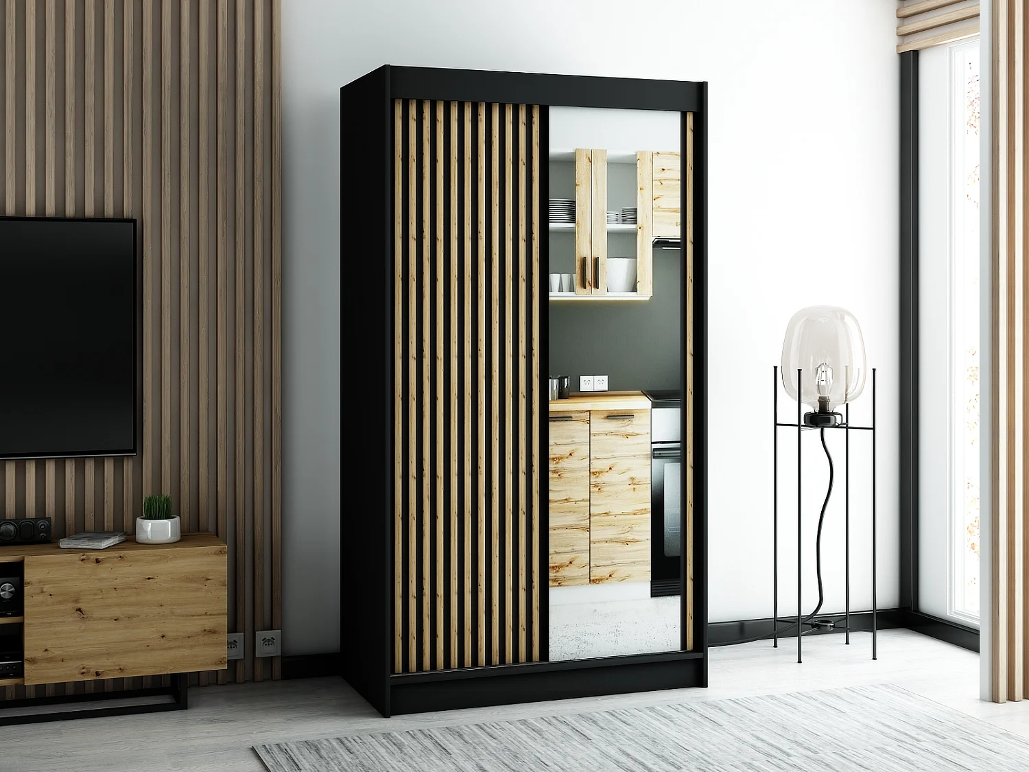 ARMOIRE LAMELO 2 À PORTES COULISSANTES 200/120/62 2 Portes (Noir/Noir/Artisan)