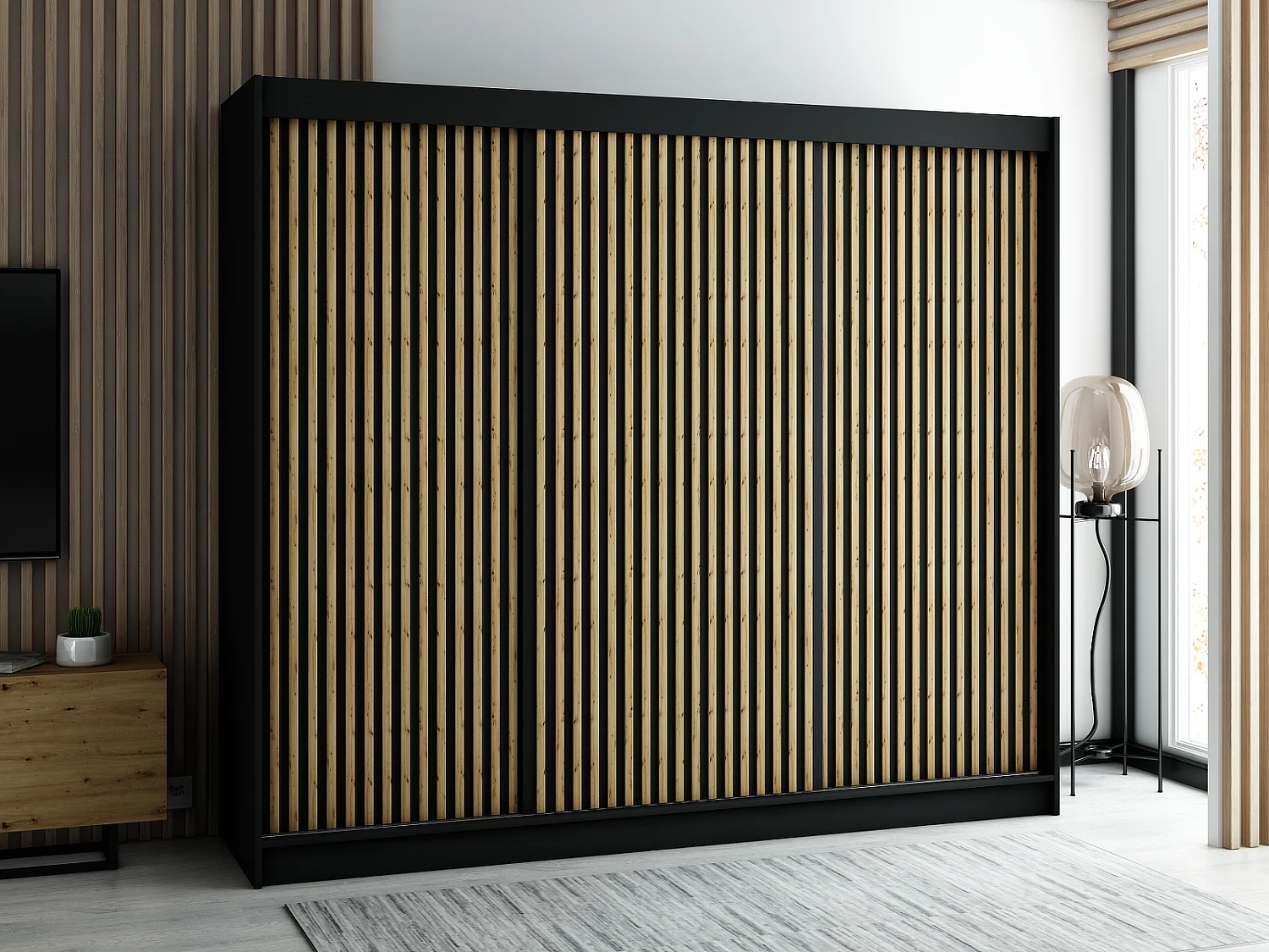 ARMOIRE LAMELO 1 À PORTES COULISSANTES 200/250/62 3 Portes (Noir/Noir/Artisan)