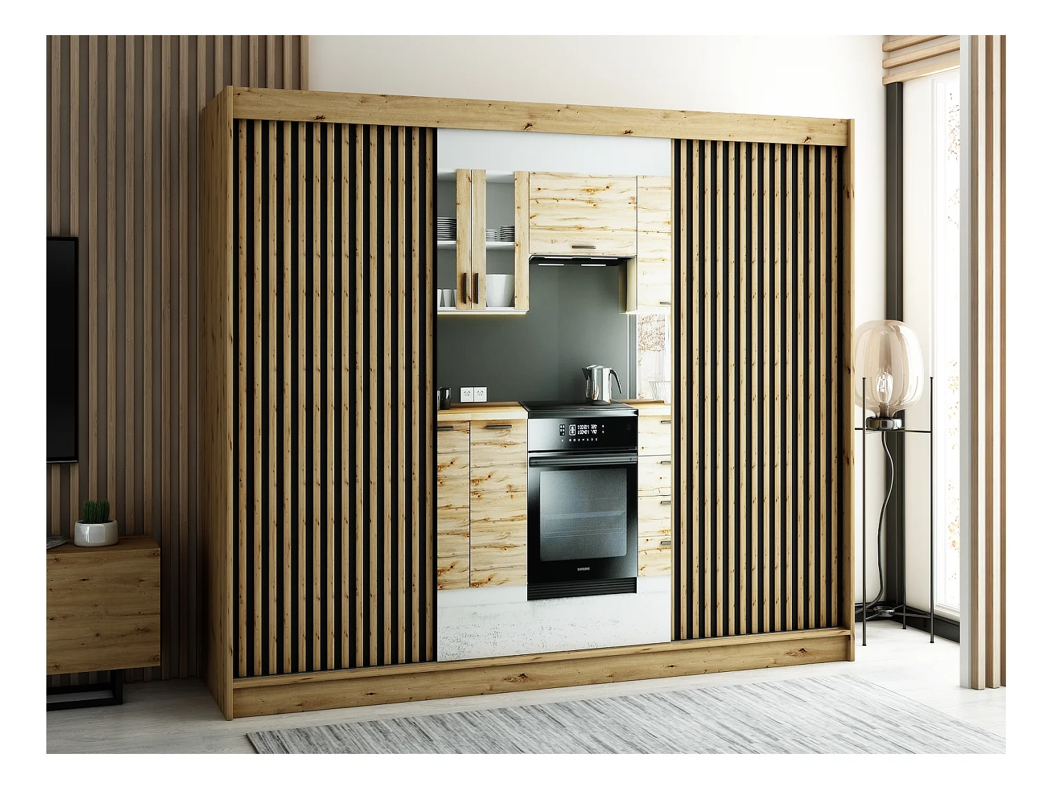 ARMOIRE LAMELO 2 À PORTES COULISSANTES 200/250/62 3 Portes (Artisan/Noir/Artisan)