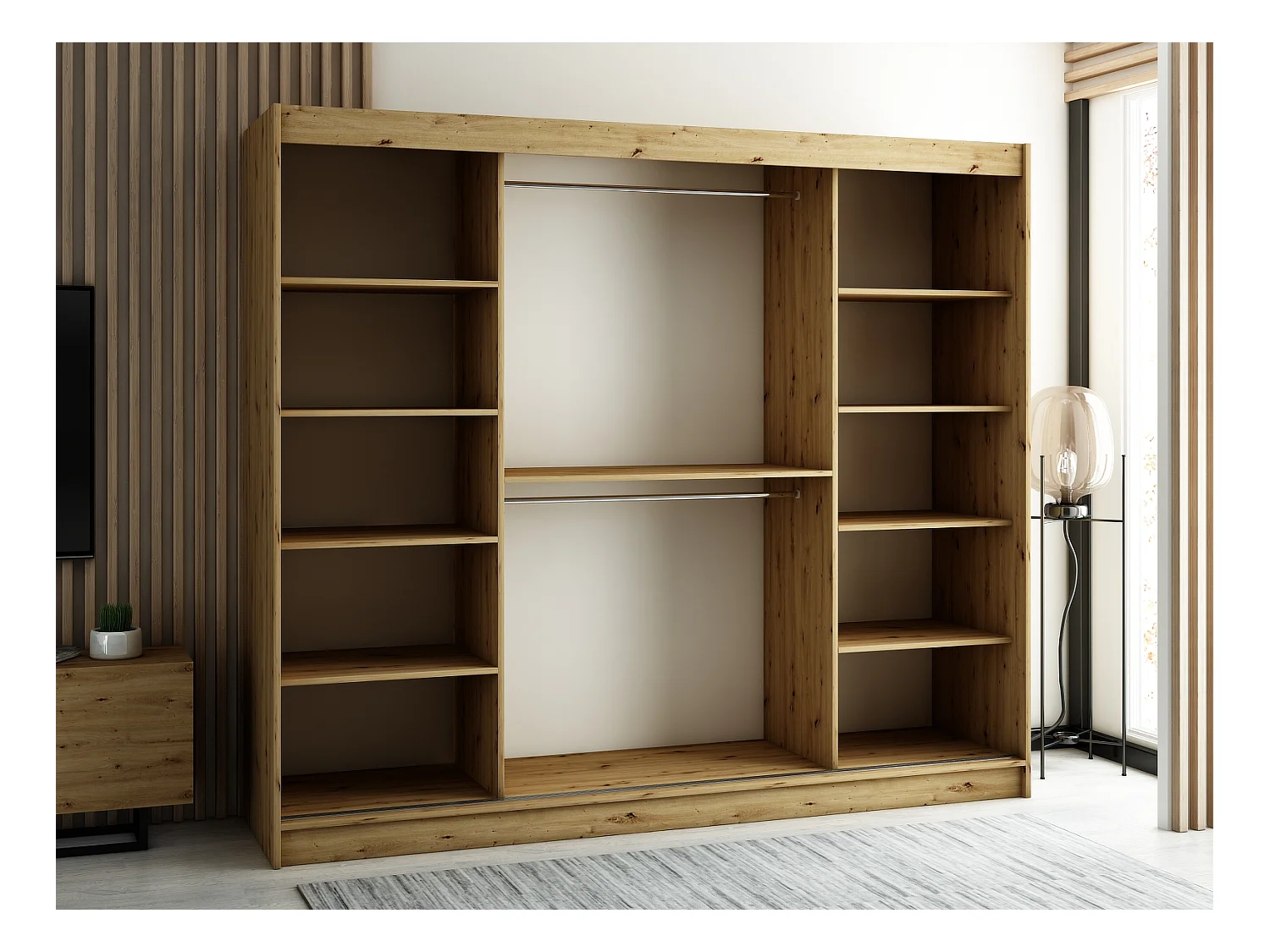 ARMOIRE LAMELO 2 À PORTES COULISSANTES 200/250/62 3 Portes (Artisan/Noir/Artisan)