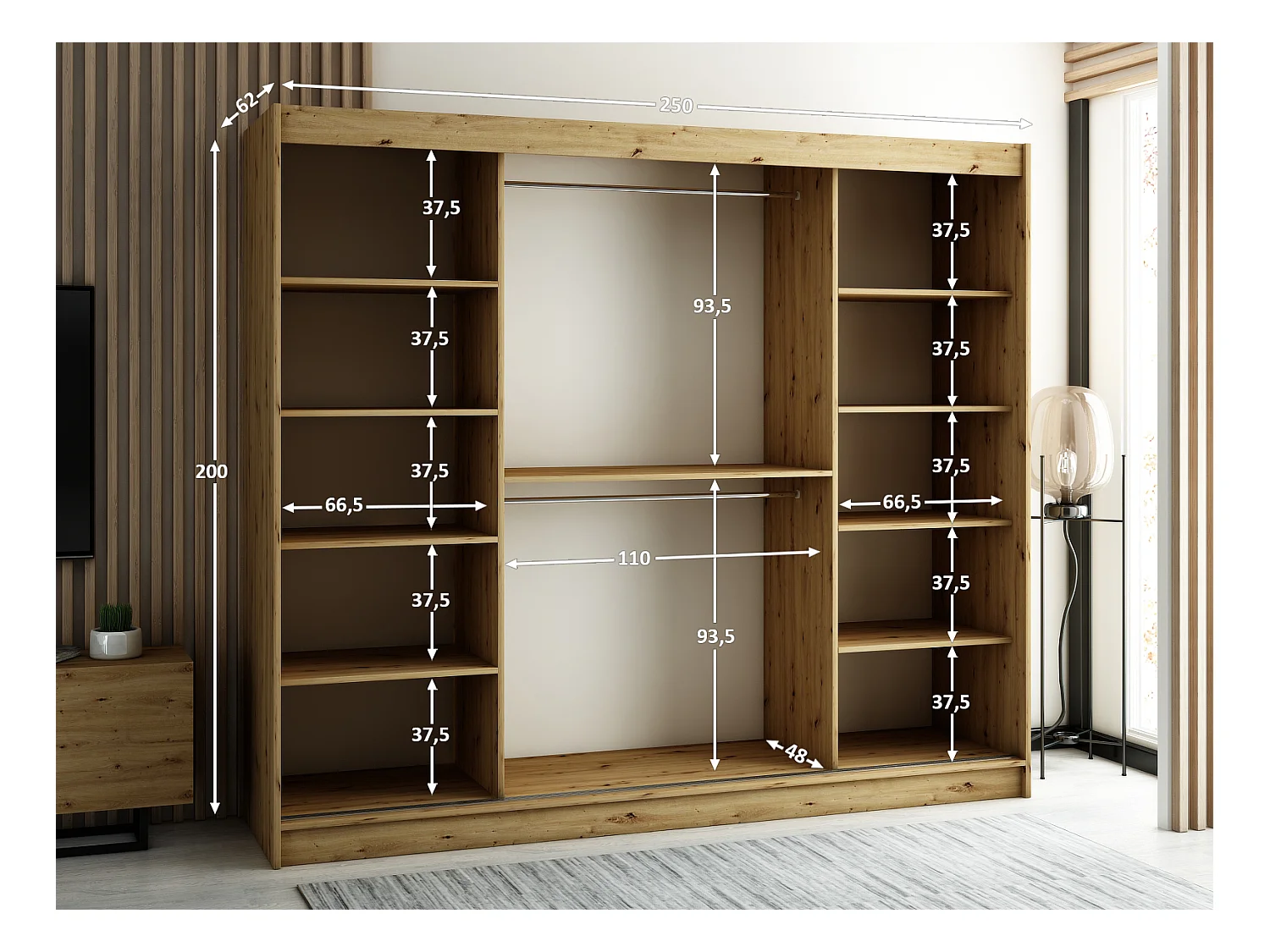 ARMOIRE LAMELO 2 À PORTES COULISSANTES 200/250/62 3 Portes (Artisan/Noir/Artisan)