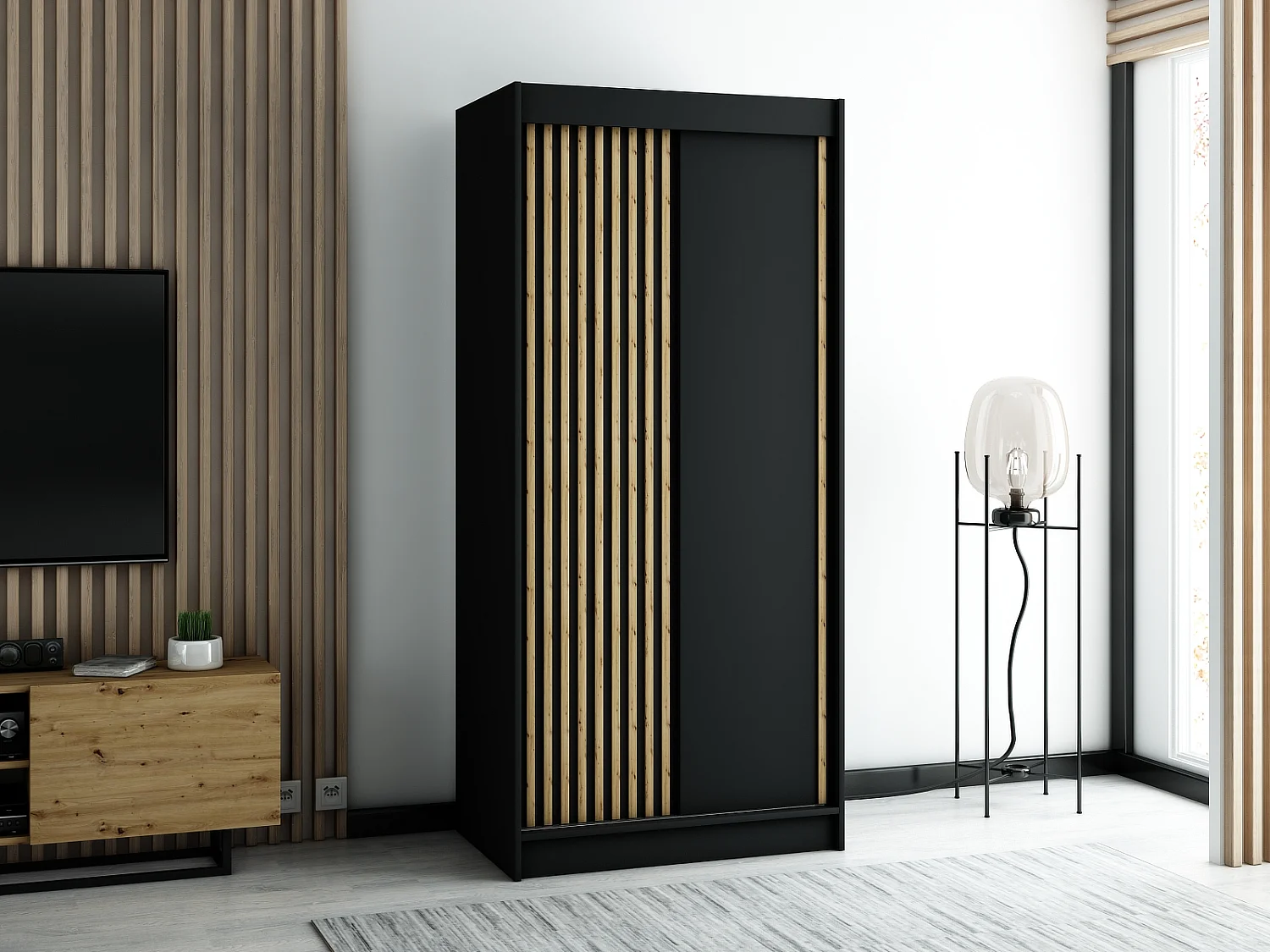 ARMOIRE LAMELO À PORTES COULISSANTES 200/100/62 2 Portes (Noir/Noir/Artisan)