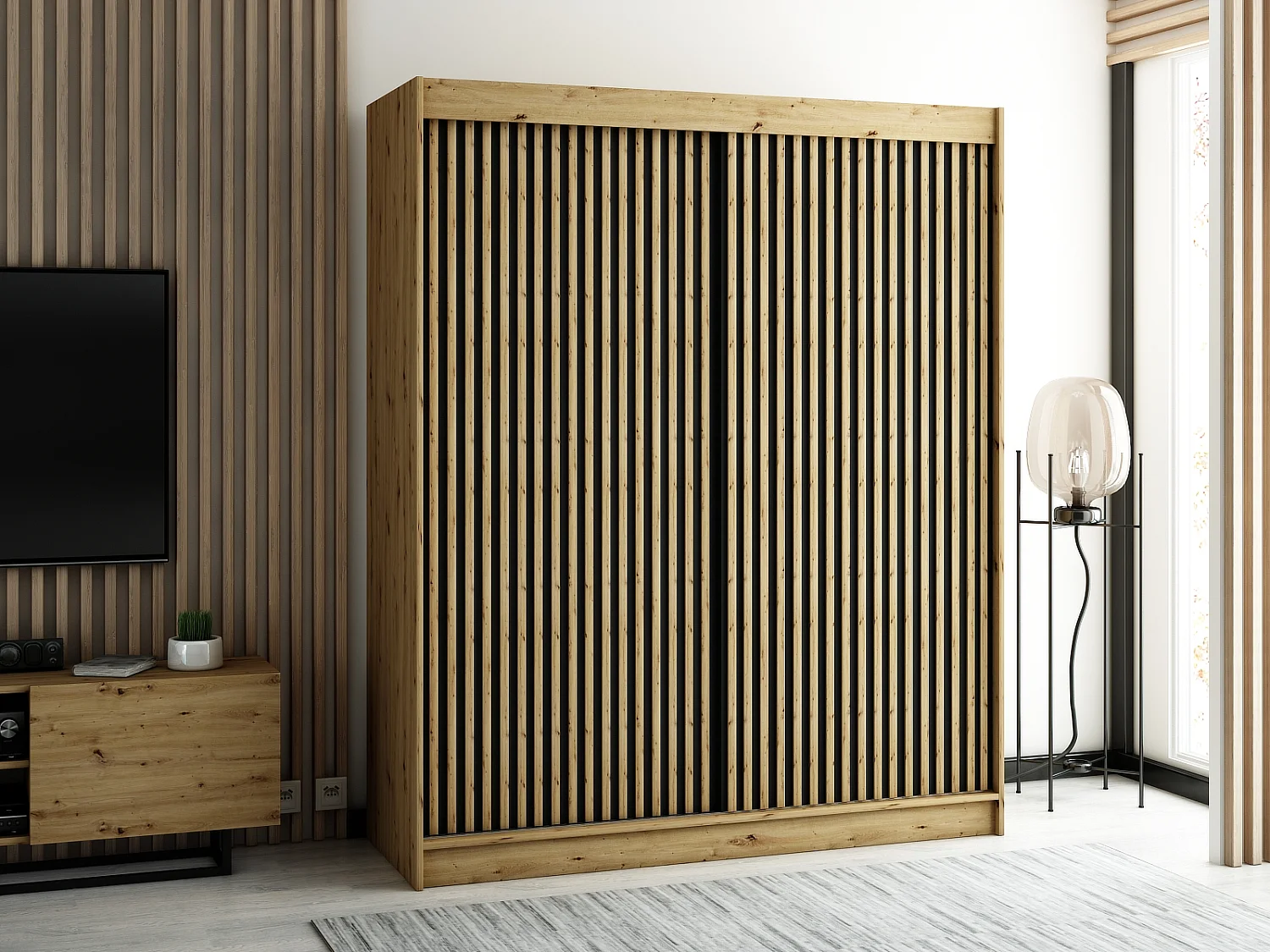 ARMOIRE LAMELO 1 À PORTES COULISSANTES 200/180/62 2 Portes (Artisan/Noir/Artisan)