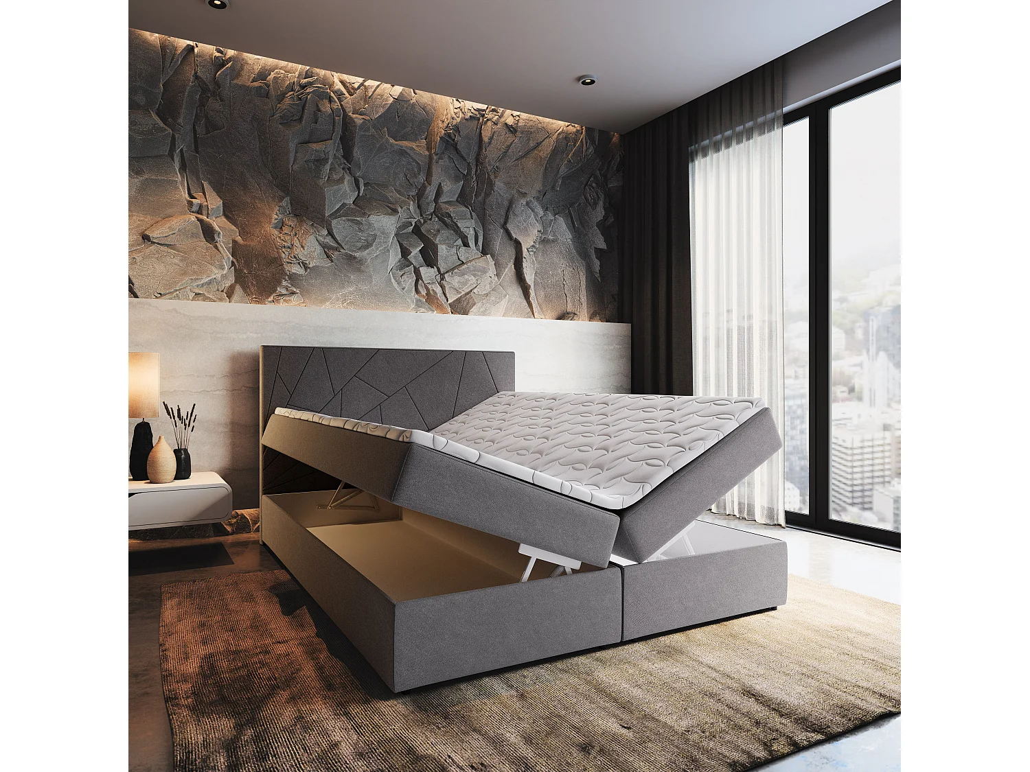Boxspringbed MADO 160x200 cm Set met hoofdbord, bedbodem en matras, Lichtgrijs