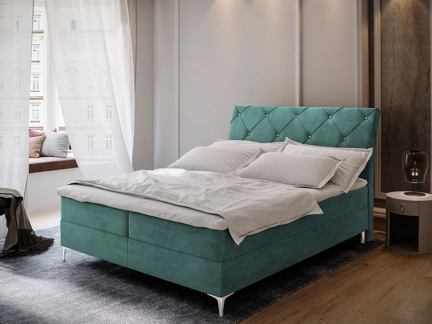 Boxspringbed MACON 180x200 cm Set met hoofdbord, bedbodem en matras, Blauw